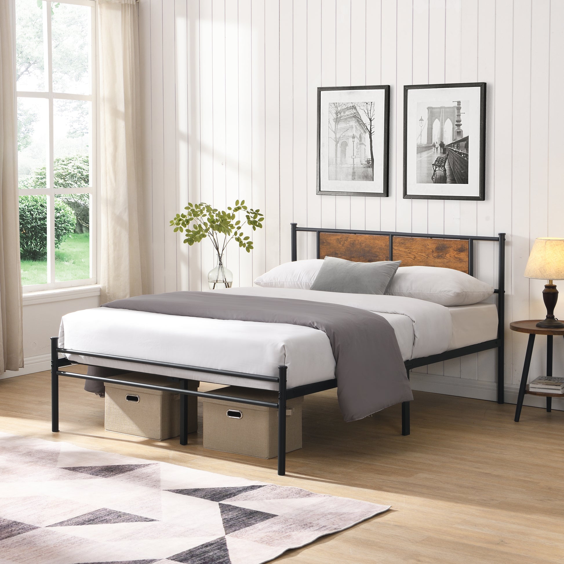 King Size Metal Bedframe,Headboard With Wood Panel Decoration,Black Black Brown Metal
