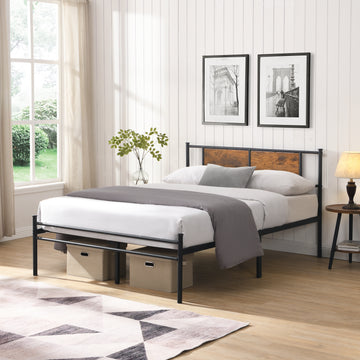 King Size Metal Bedframe,Headboard With Wood Panel Decoration,Black Black Brown Metal