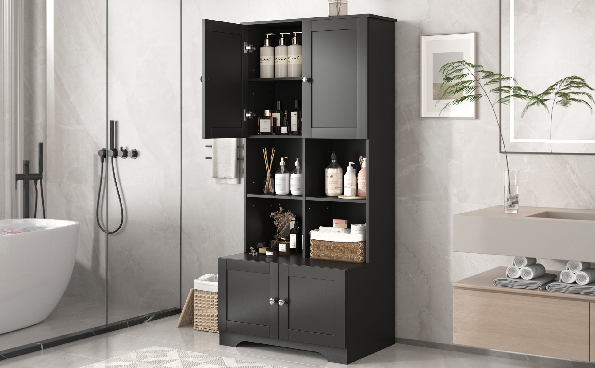 Tall And Wide Bathroom Floor Storage Cabinet, Bathroom Storage Unit, Freestanding Cabinet With 4 Doors, Adjustable Shelves, Open Multi Layer Shelves, Black Black Mdf