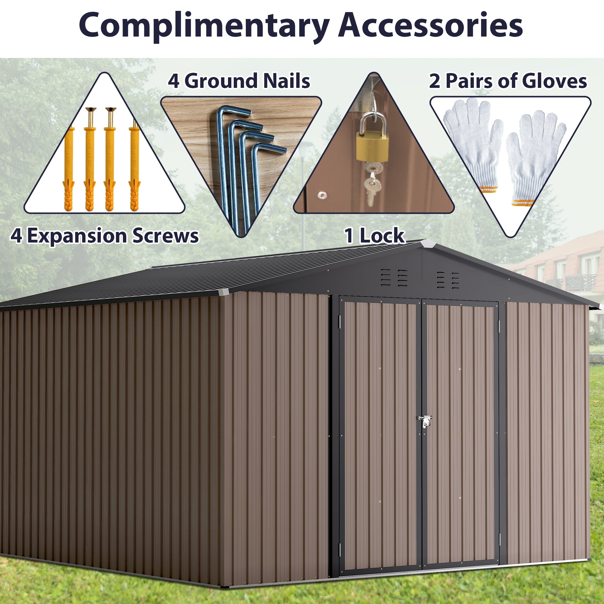 10' X 10' Metal Storage Shed For Ourdoor, Steel Yard Shed With Design Of Lockable Doors, Utility And Tool Storage For Garden, Backyard, Patio, Outside Use Brown Metal