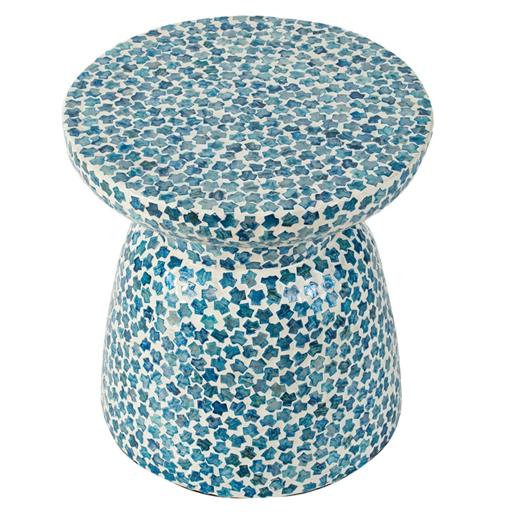 D15X16" Capiz Garden Stool Small Side Tabel, Blue Accent Round End Table Blue Primary Living Space Bamboo