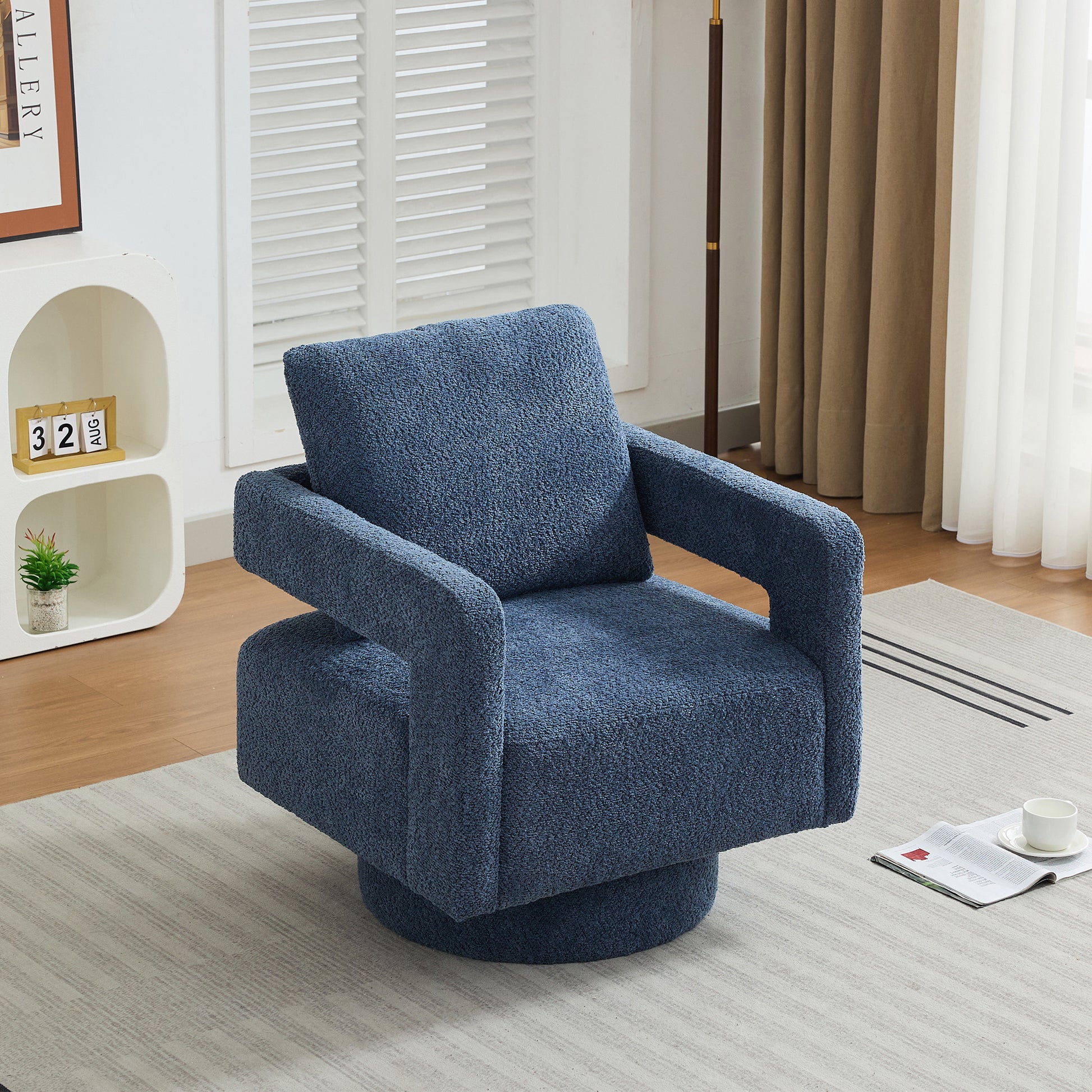 29.13" W Square Swivel Accent Chair, Modern Rotating Arm Chair With Open Back,360 Degree Rotation, Lounge Club Chair With Removable Back Cushion For Living Room, Hotel, Bed Room,Navy Navy Boucle