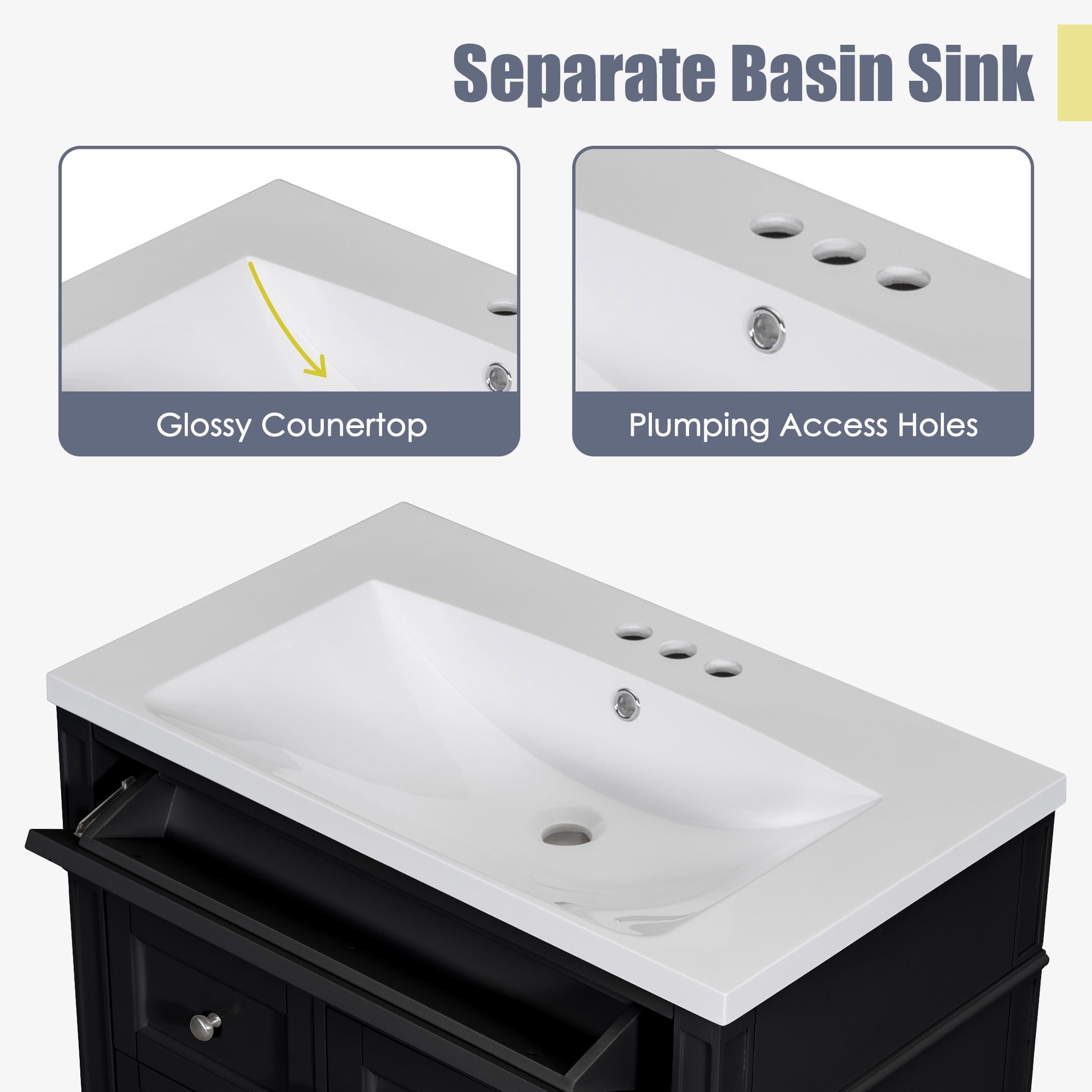 30'' Bathroom Vanity With Top Sink, Modern Bathroom Storage Cabinet With 2 Drawers And A Tip Out Drawer, Single Sink Bathroom Vanity Black Bathroom Solid Wood Mdf