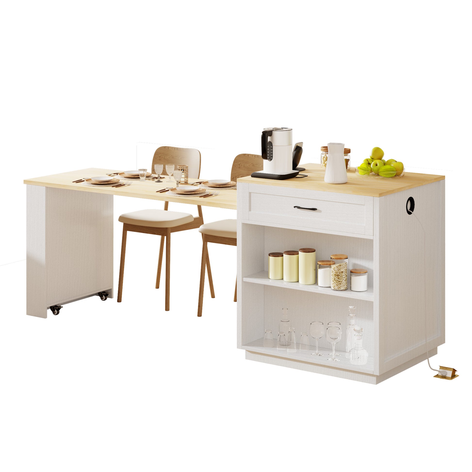 K&K 82.7 Inch Kitchen Island With Extendable Dining Table For 4 6 Person,Two Tone Kitchen Table With Double Sized Storage, Power Outlet, Kitchen Island With Storage 2 Drawers 2 Side Open