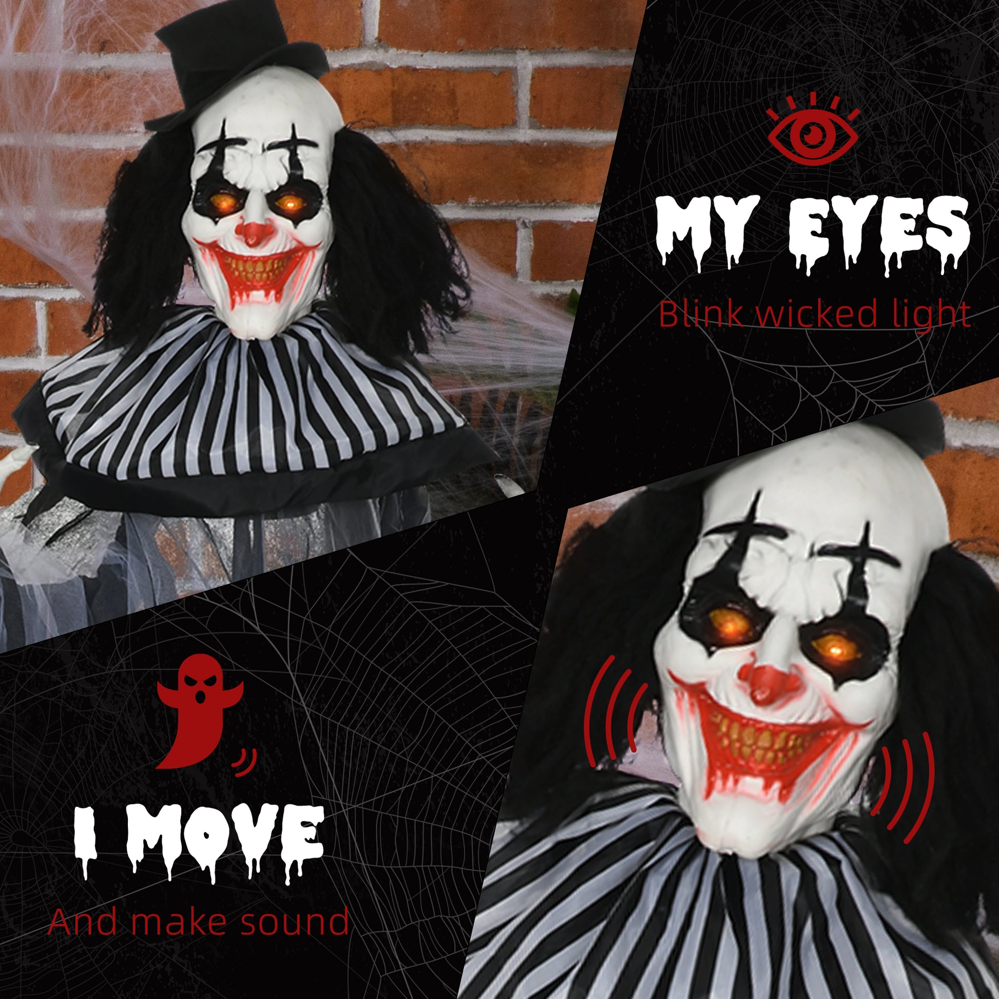 Homcom 6' Life Size Outdoor Halloween Decoration, Classic Black And White Striped Clown Animatronic, Sound And Motion Activated Animated Prop With Light Up Eyes & Sounds Black Polyester