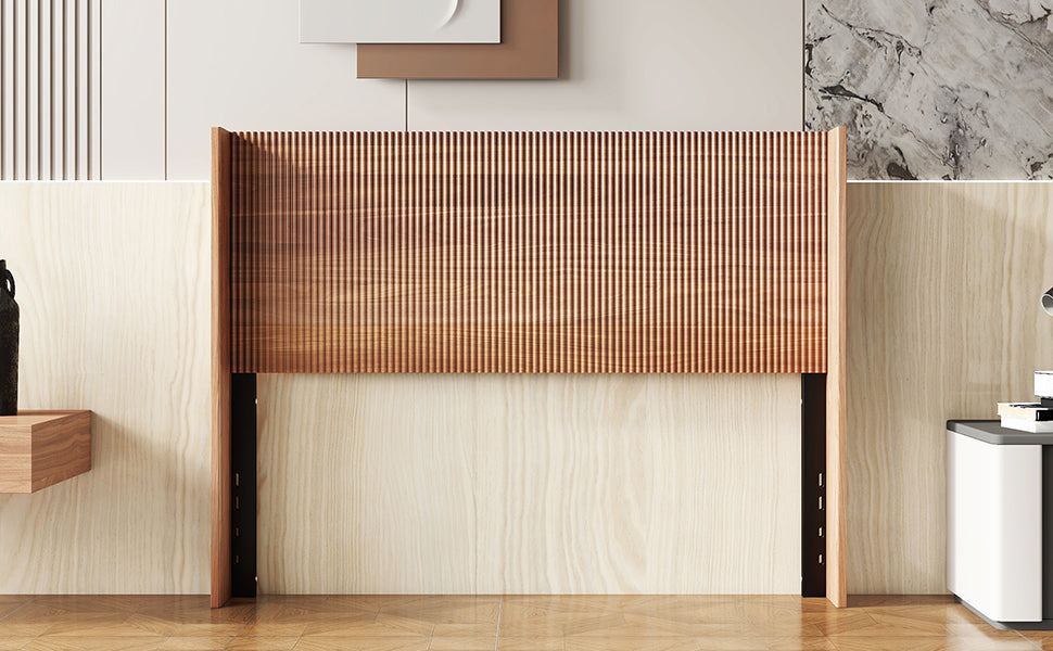 Wooden Integral Headboard, Modern Farmhouse, Bohemian, Convex Groove Board, Wing Back Design Golden Oak, Queen Box Spring Required Queen Natural Wood Composite Brown Bedroom American Design,Artsy
