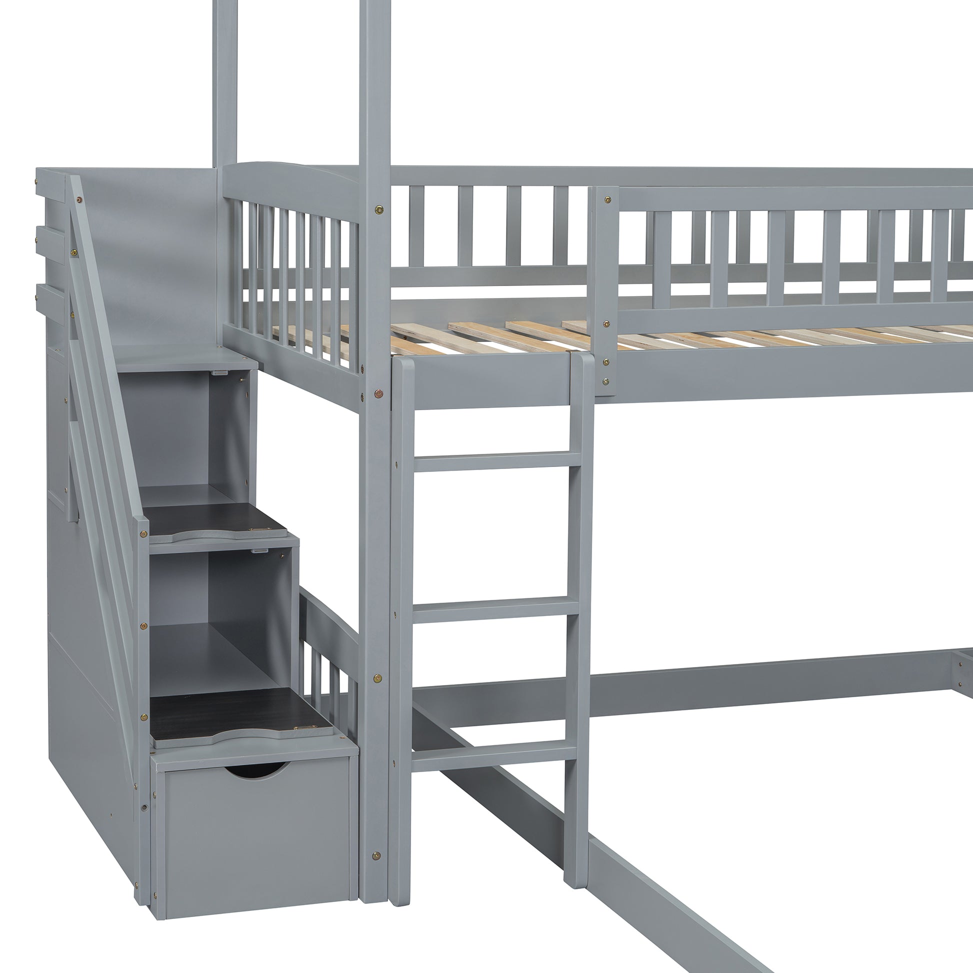 Twin Over Twin Bunk Bed With Two Drawers And Slide, House Bed With Slide, White Old Sku :Lt000129Aae Gray Pine