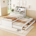 Twin Size Wooden Led Platform Bed With Trundle, With Storage Headboard, With Drawers, White Twin White Plywood