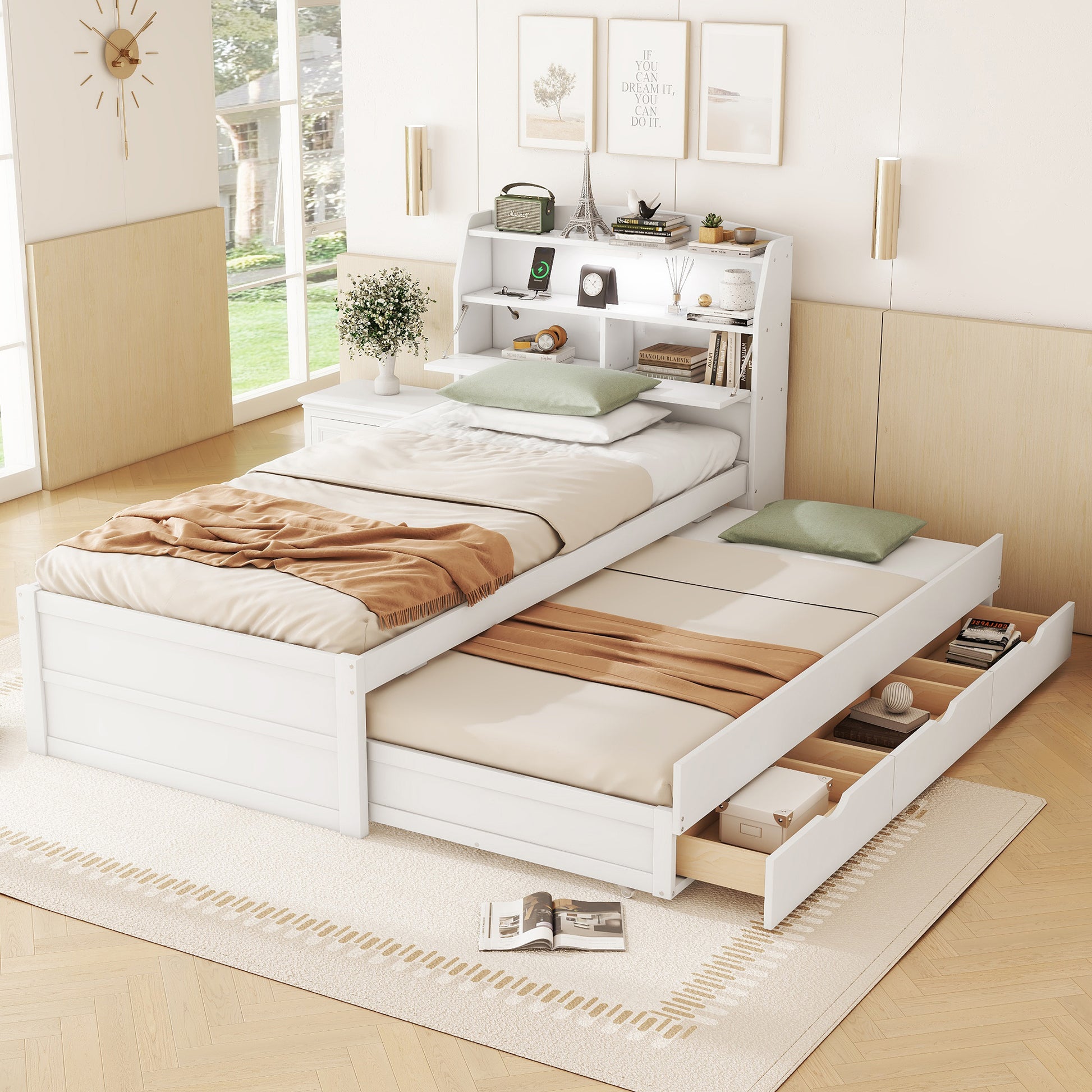 Twin Size Wooden Led Platform Bed With Trundle, With Storage Headboard, With Drawers, White Twin White Plywood