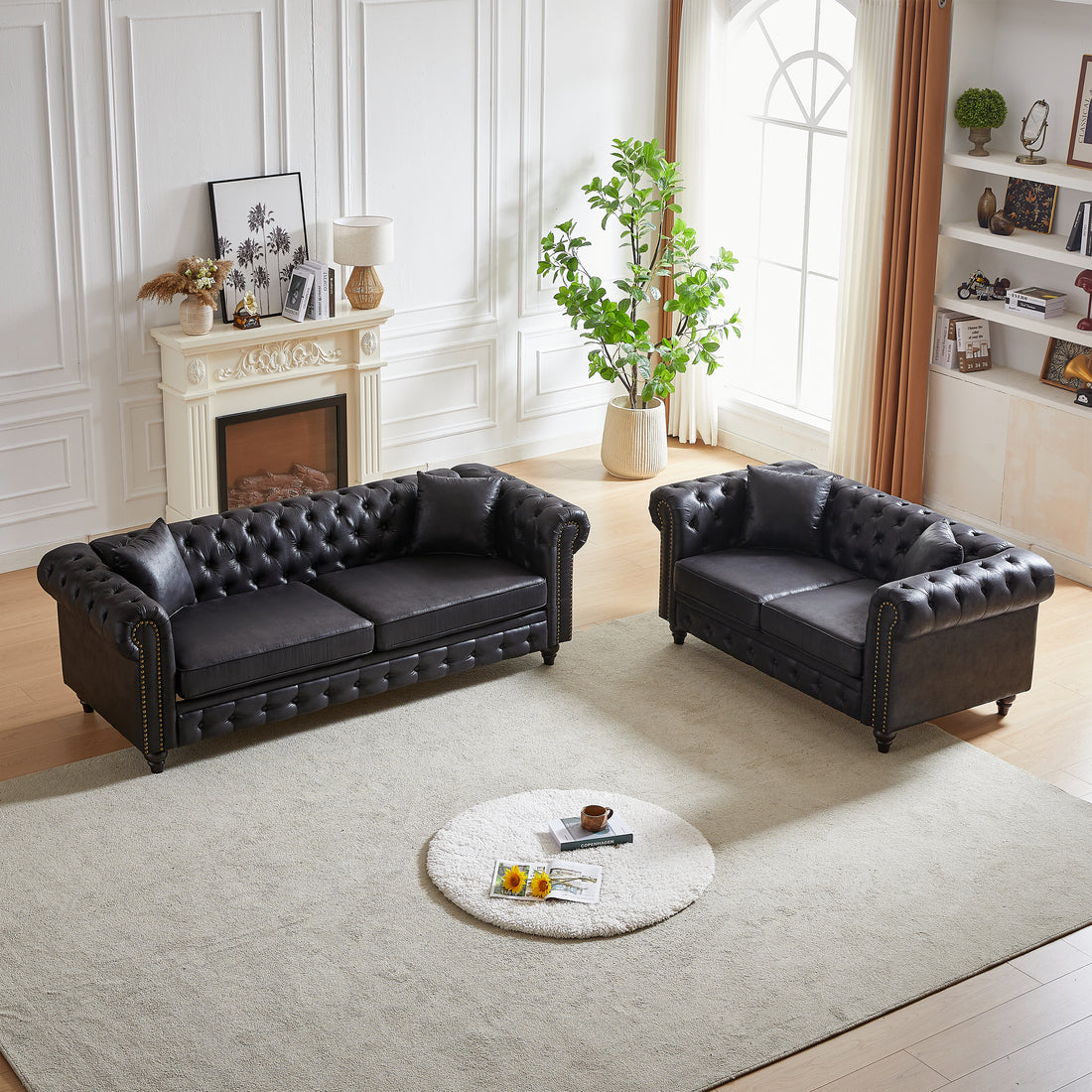 Fx 3 Seats 2 Seats Combo Sofa Modern Living Room Sofa With Solid Wood Frame And Wooden Feet, 4 Cushions, Apartment Sofa Furniture For Living Room, Living Room, Office Black Wood Pine Foam Fabric 5