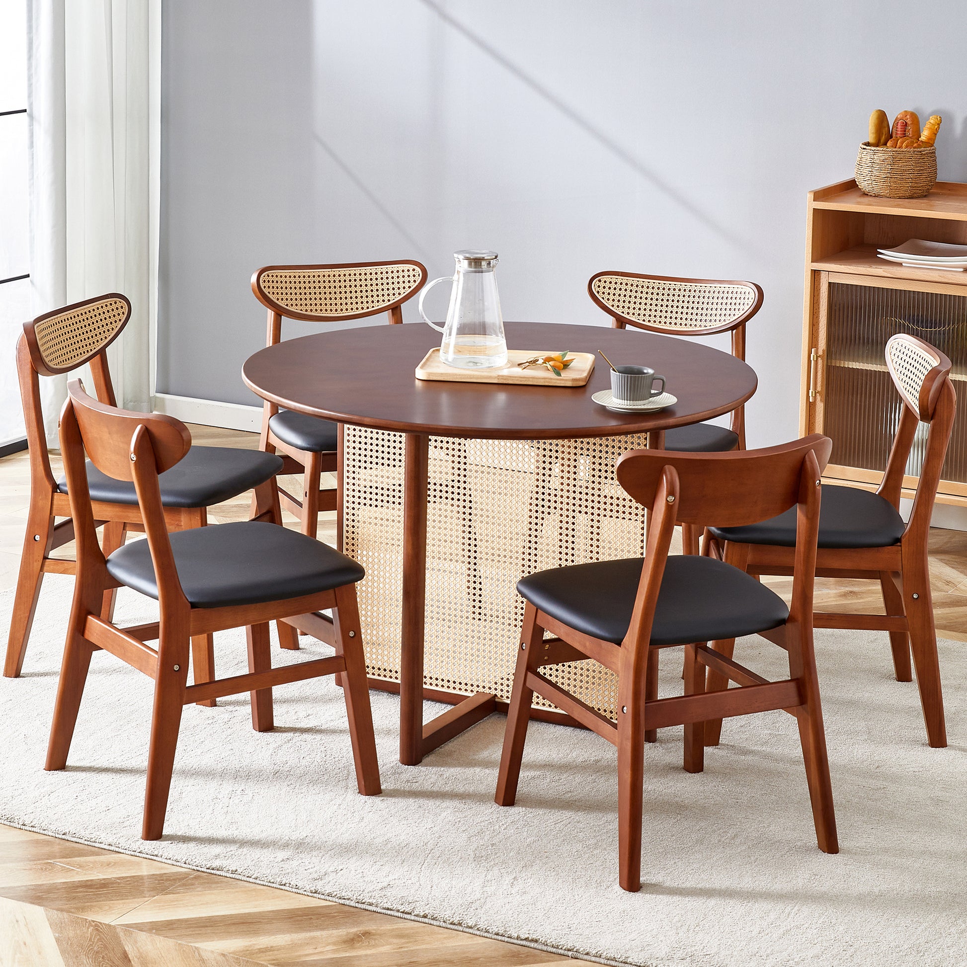 Table And Chair Set, Ancient Style Solid Wood Dining Table, Imitation Rattan Table Legs, Beautiful Simple Solid Wood Dining Chair, Perfect For Dinner, Meetings, Home And Office Decoration Walnut Rubber Wood