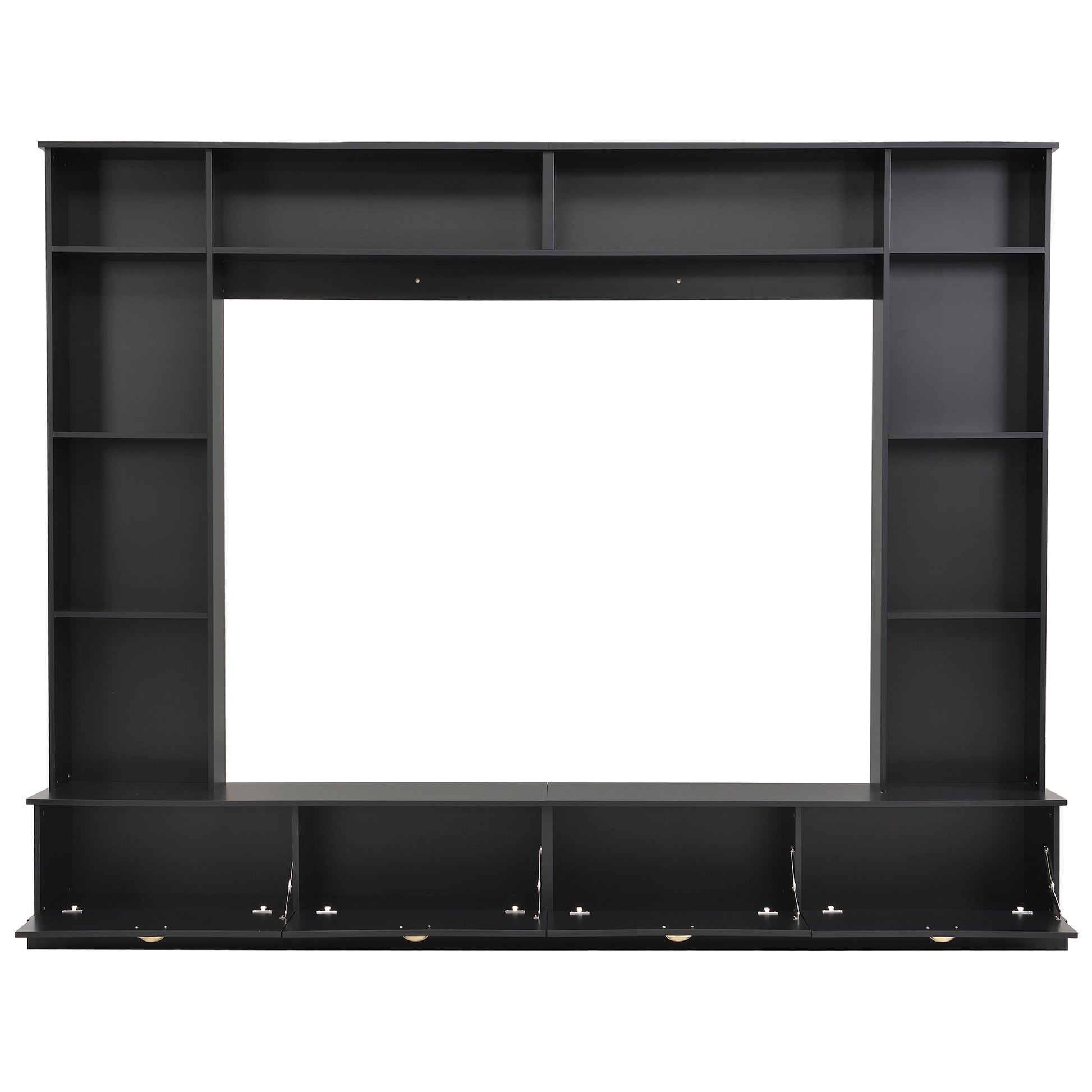 Large Wall Unit Entertainment Center With Bookshelves For Tvs Up To 78'', Modern Tv Console With Cabinets And Open Shelves, 4 In 1 Tv Stand With Golden Handles, Black, 104.2''W*81.2''H Black 70 79 Inches Mdf