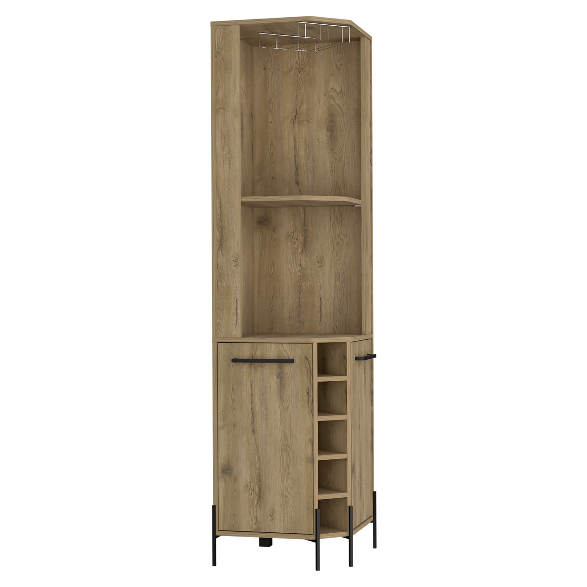 Hans Corner Bar Cabinet, Two Shelves, Five Built In Wine Rack Macadamia Oak Particle Board Particle Board