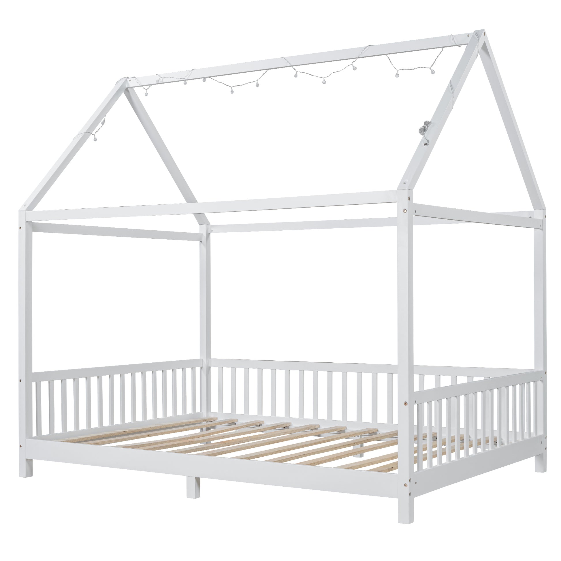 Wood Full Size House Bed With Guardrail And Led, White Box Spring Not Required Full White Wood Bedroom Solid Wood Mdf