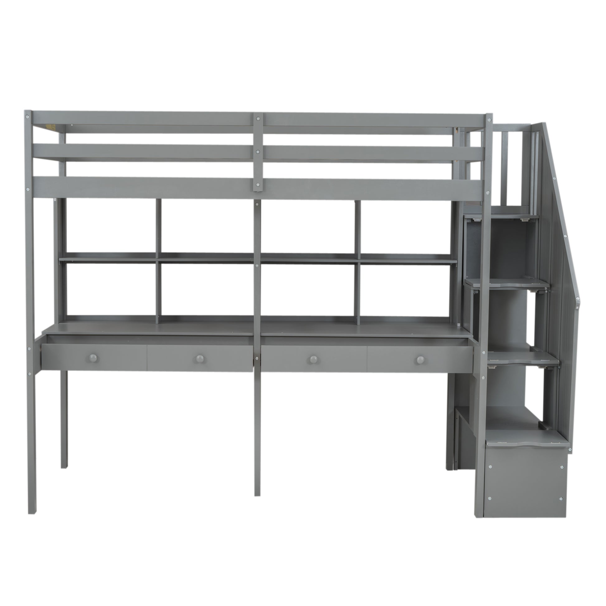 Twin Size Loft Bed Frame With Storage Staircase And Double Desks And Shelves,Gray Twin Gray Solid Wood Mdf