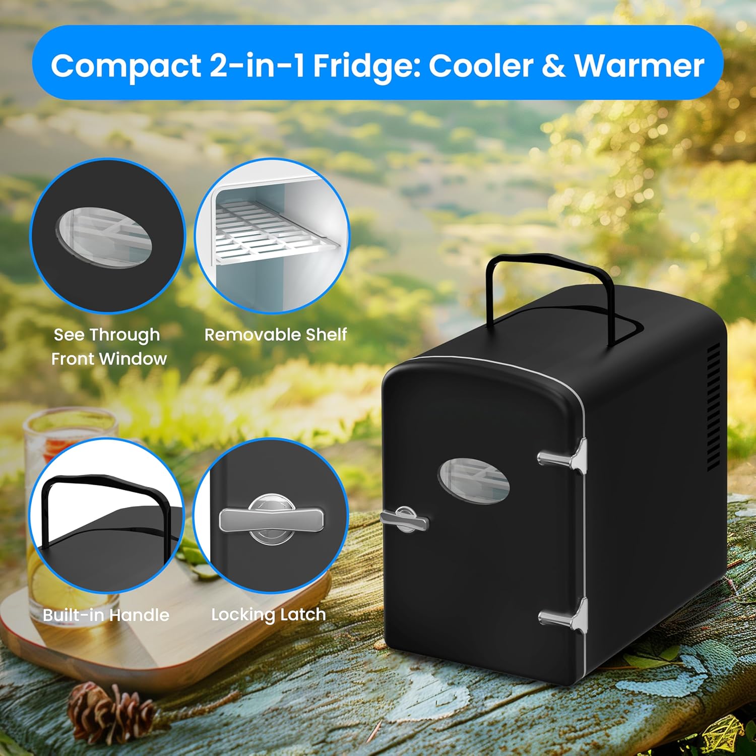 6L Portable Mini Fridge With Observation Window, Warmer And Cooler 9 Cans Compact Refrigerator, 100% Freon Free & Eco Friendly, 6 L, Black Black Polypropylene