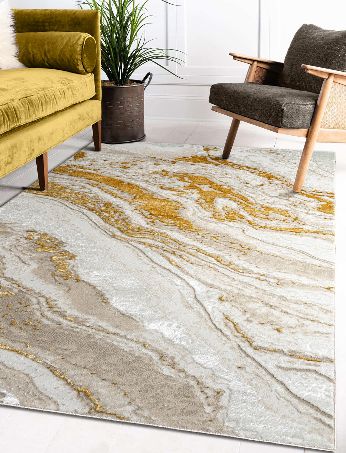 "Adina" Luxury Area Rug In Beige And Gold Abstract Design Multicolor Polyester