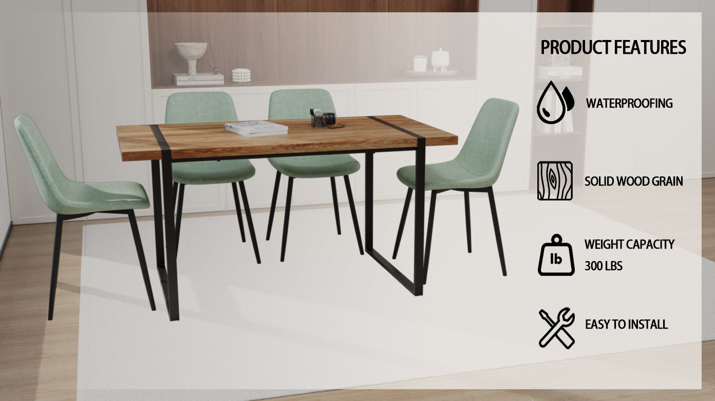 Mdf Natural Wood Dining Table And Modern Dining Chair 4 Piece Set, Medieval Wooden Kitchen Dining Table Set, Rectangular Metal Base, Dining Table And Suede Chair Brown Green Mdf