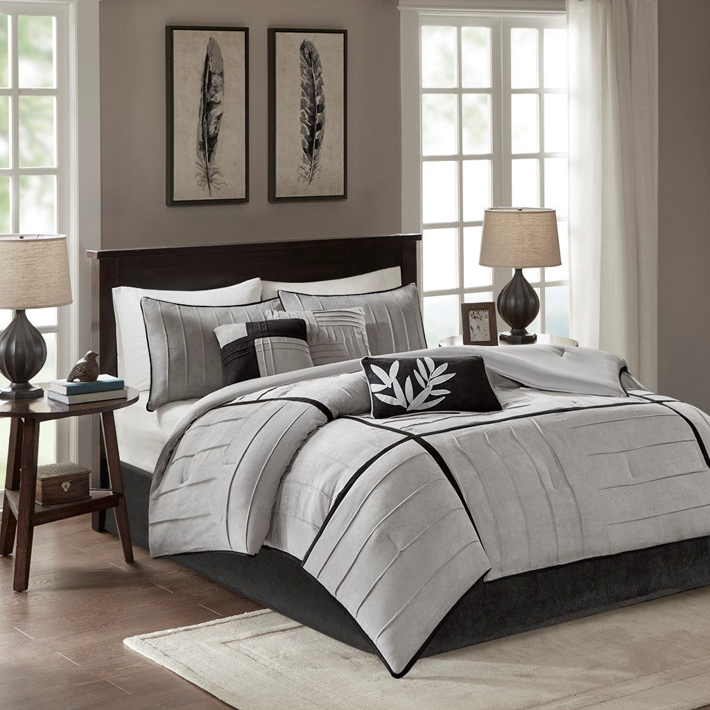 7 Piece Faux Suede Comforter Set Grey Cal King California King Grey Polyester