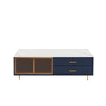 Modern Navy Blue Coffee Table With 2 Glass Door Storage, 4 Drawers, Gold Metal Legs, And Multi Color Lighting In 47.2'' Navy Blue Drawers Mdf