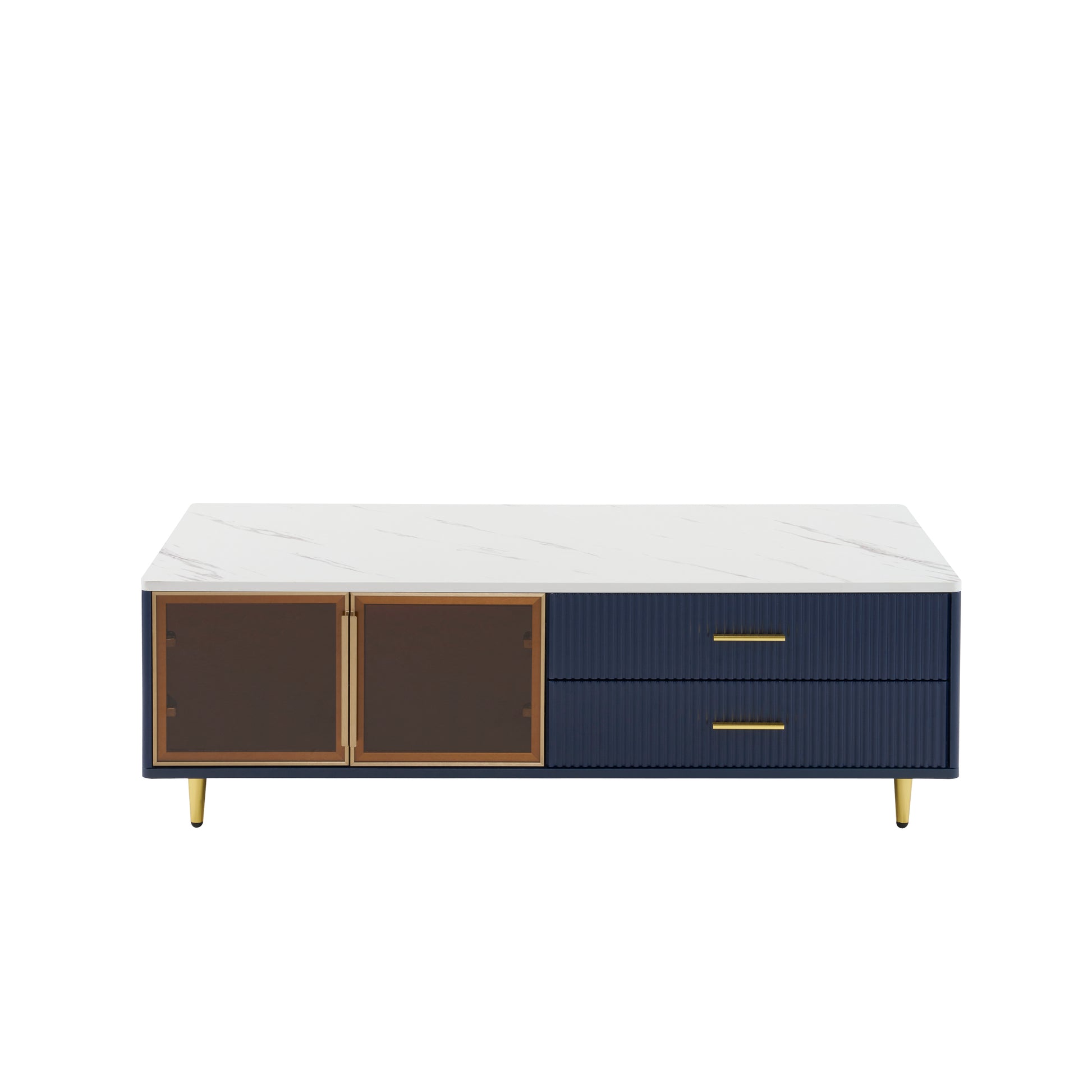Modern Navy Blue Coffee Table With 2 Glass Door Storage, 4 Drawers, Gold Metal Legs, And Multi Color Lighting In 47.2'' Navy Blue Drawers Mdf