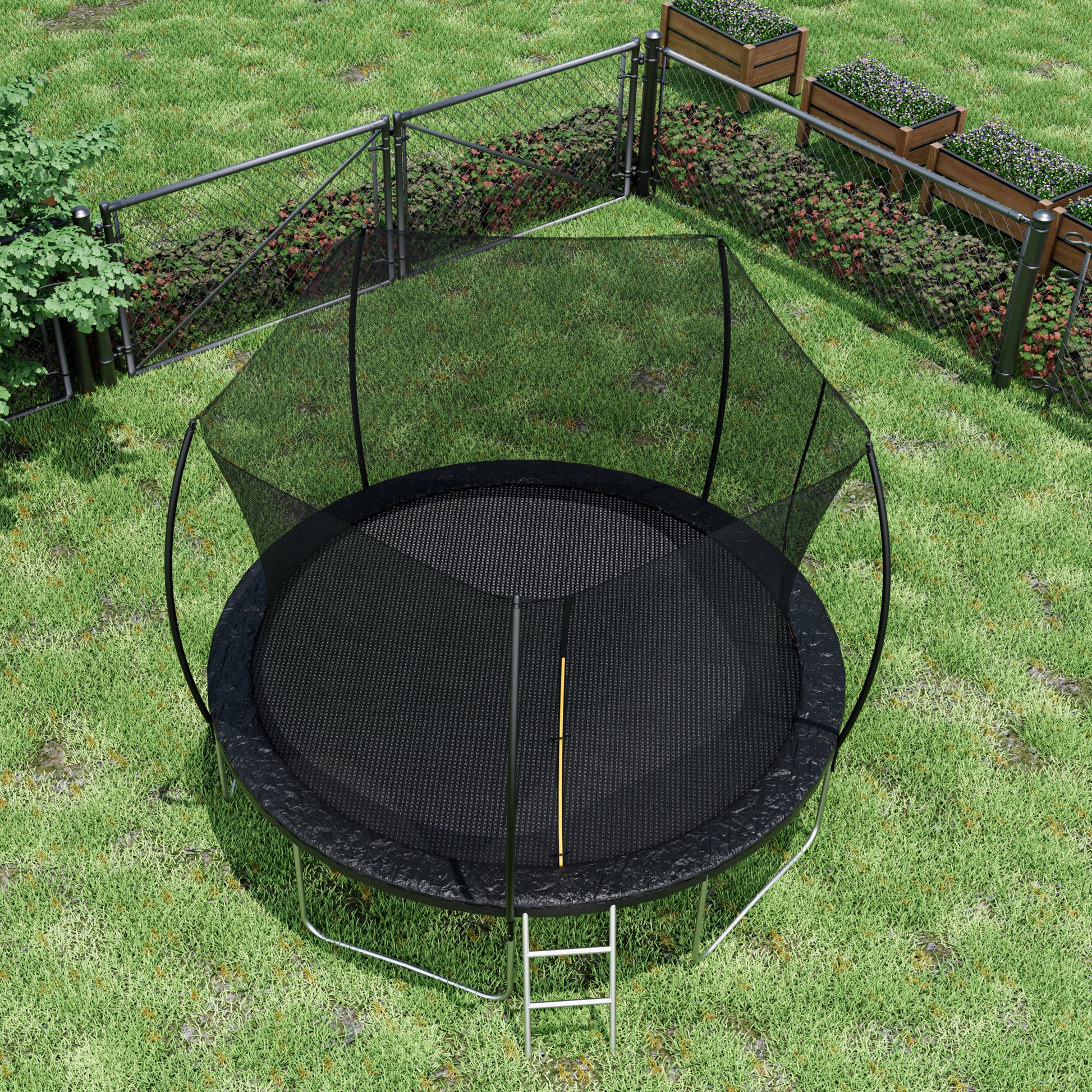 12Ft Trampoline Double Side Color Pad Trampoline For Kids And Adults With Enclosure Net And Ladder,Curved Fence Pole Black Steel Steel