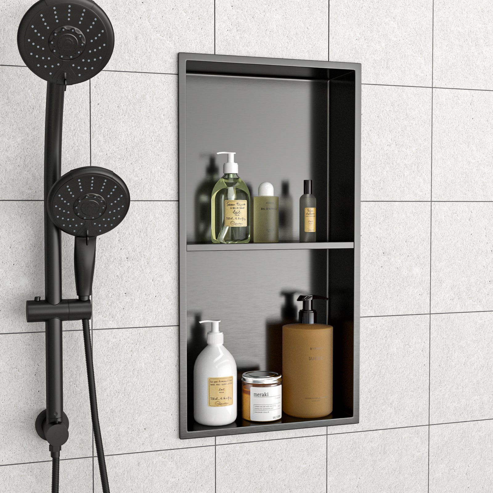 13" X 25" Stainless Steel Shower Niche Double Shelf, Gunmetal Black Gunmetal Black Stainless Steel