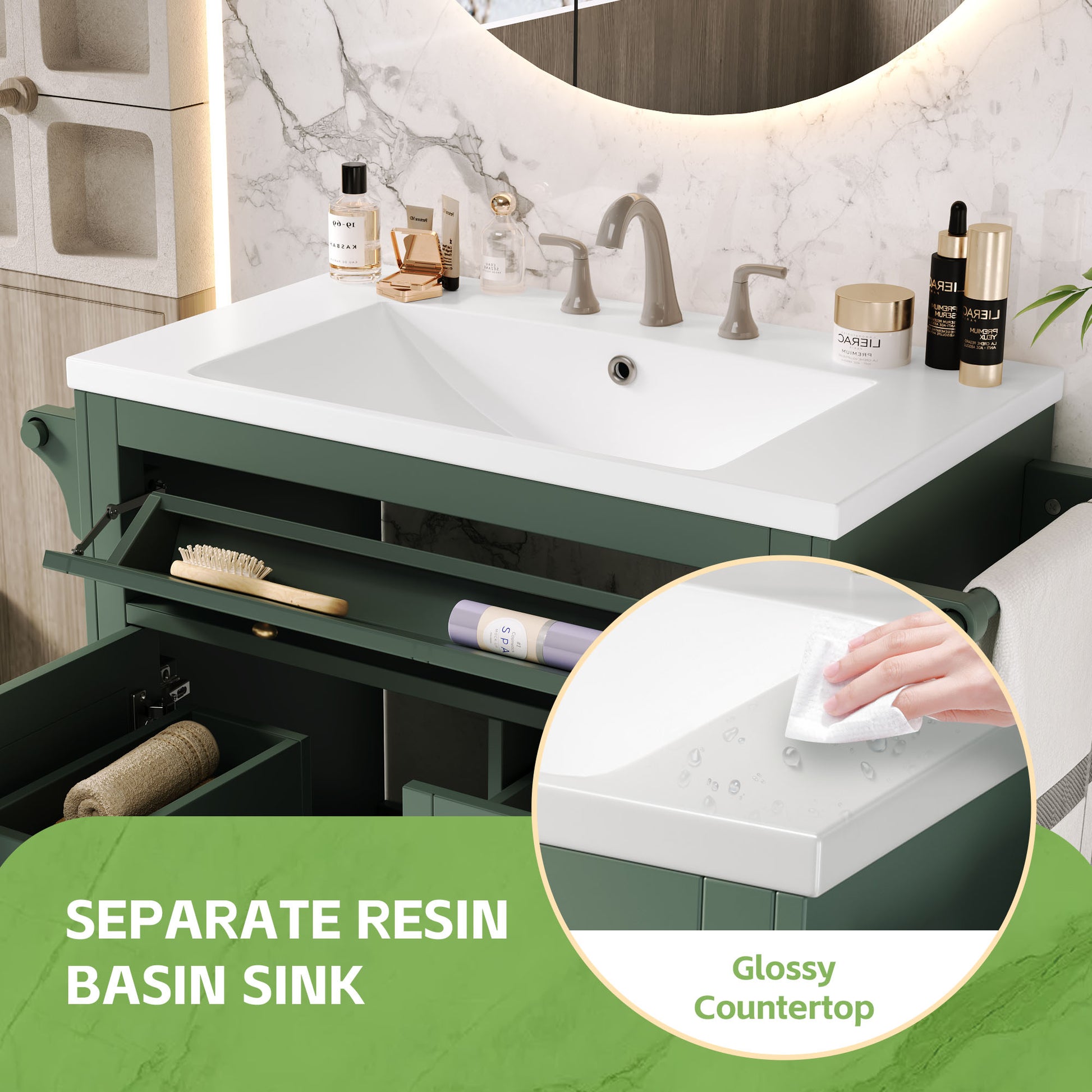 30'' Bathroom Vanity With Top Sink, Modern Bathroom Storage Cabinet With 2 Drawers And A Tip Out Drawer, Single Sink Bathroom Vanity Same As Sw000143Aaf Green Bathroom Modern Solid Wood Mdf Resin