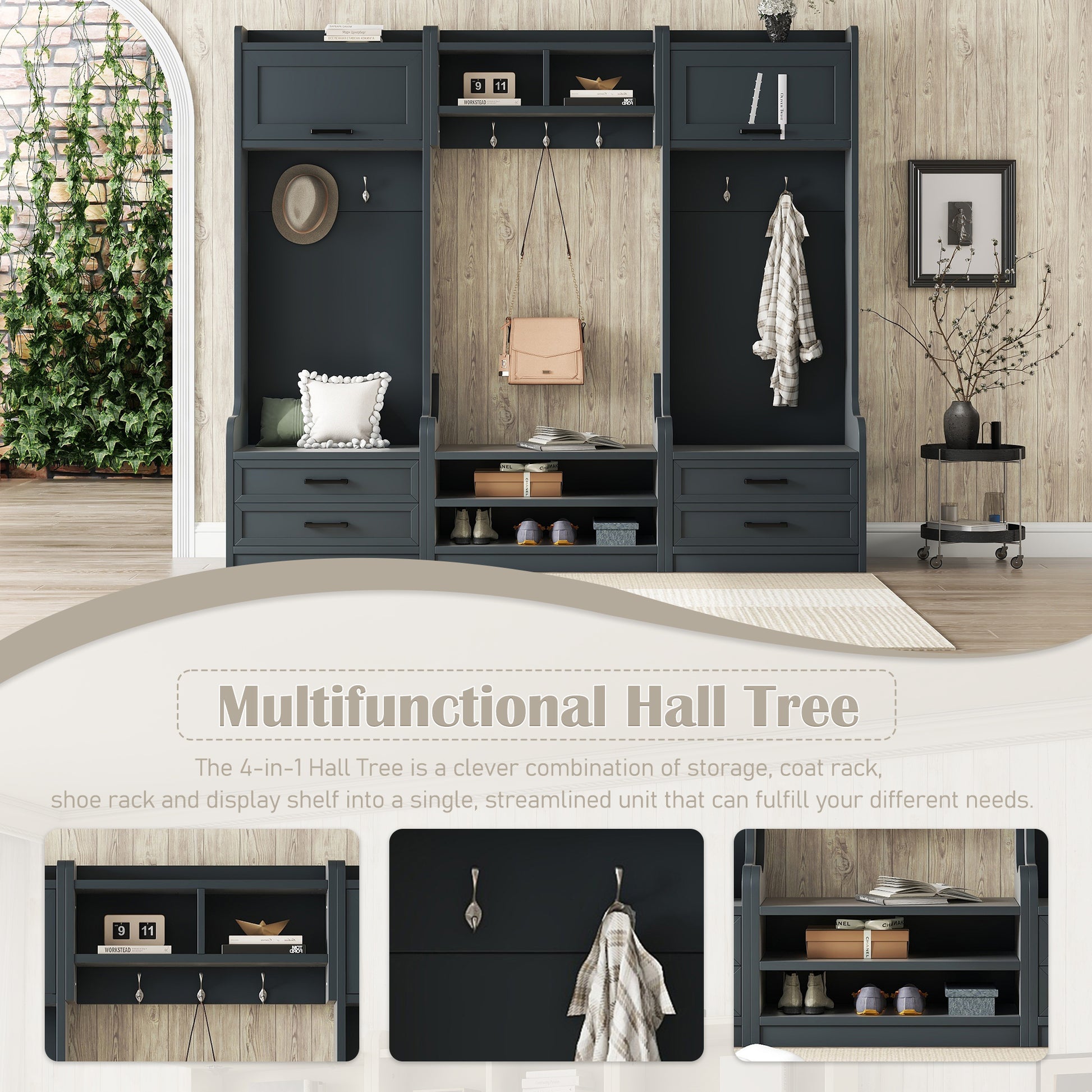 4 In 1 Detachable Hall Tree With Storage And 7 Hooks, Multiple Functions Hallway Coat Rack With Storage Drawers And Cabinet, Antique Blue Shoe Bench For Entryway Hallway Antique Blue Particle Board