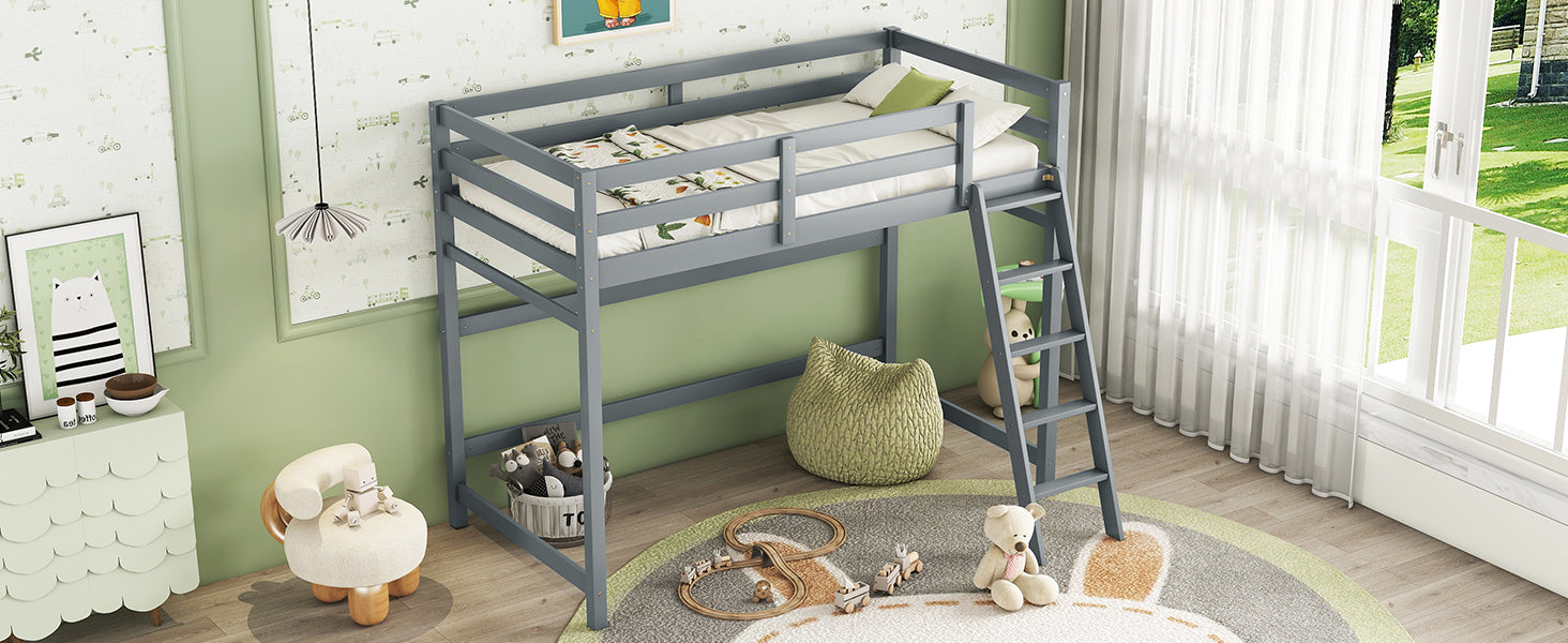 Twin Size High Loft Bed With Inclined Ladder, Guardrails,Grey Twin Grey American Design Pine