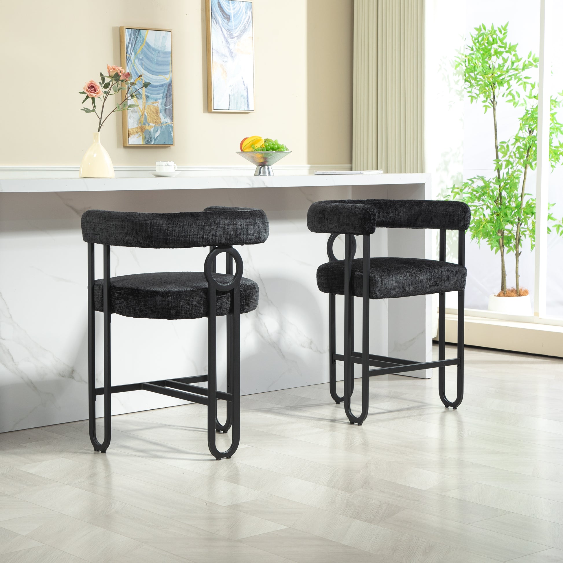 Coolmore Bar Stools Set Of 1, Modern Bar Stool With Back, Black Metal Frames, Upholstered Bar Stools For Kitchen Island, Pub, Club Black Chenille Black Primary Living Space Foam Chenille