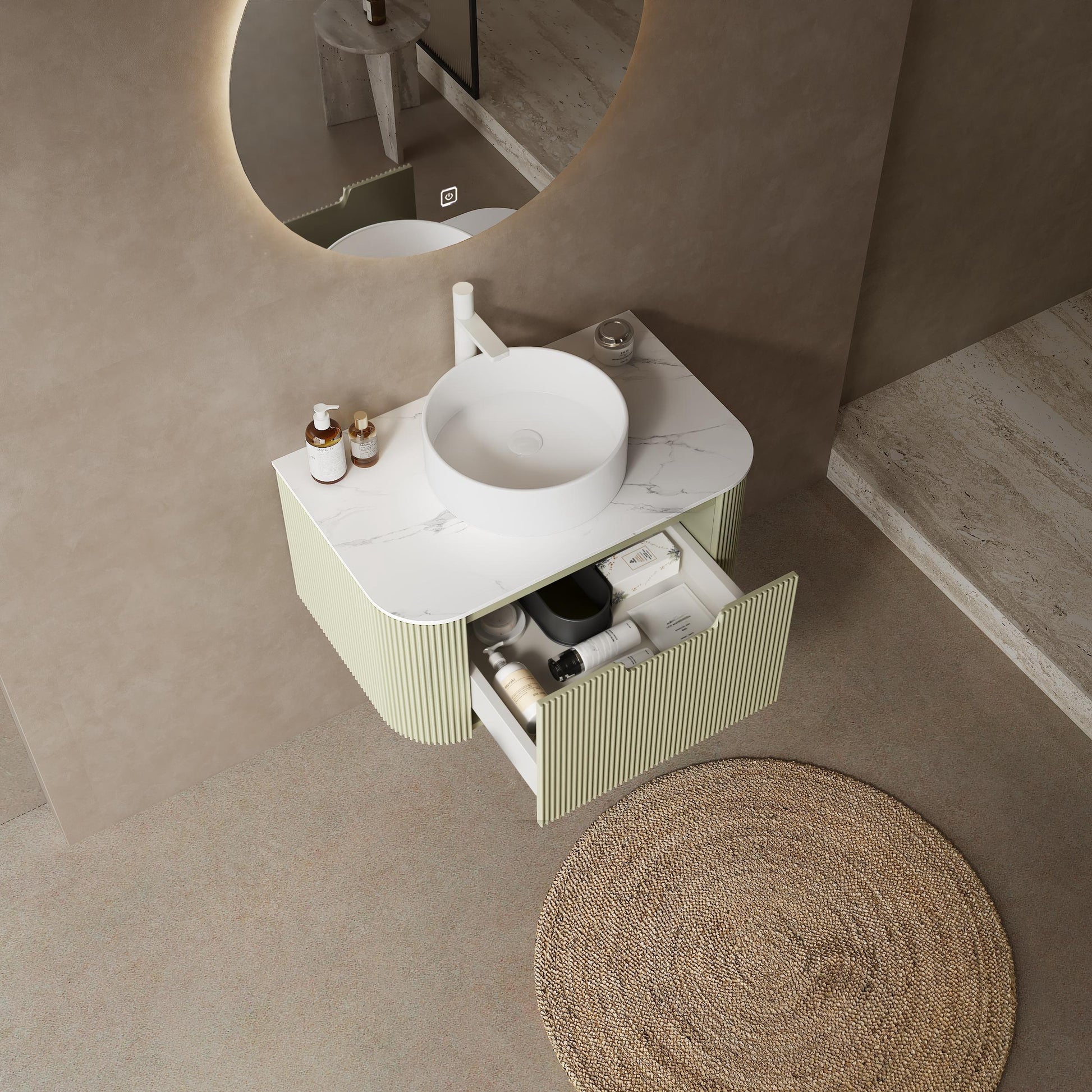 Dina 30" Bathroom Vanity With Sink, Modern Wall Mounted Floating Curved Edges Striped Bathroom Storage Cabinet With A Drawer, White Artificial Marble Basin Without Faucet, Pre Assembled, Light Green