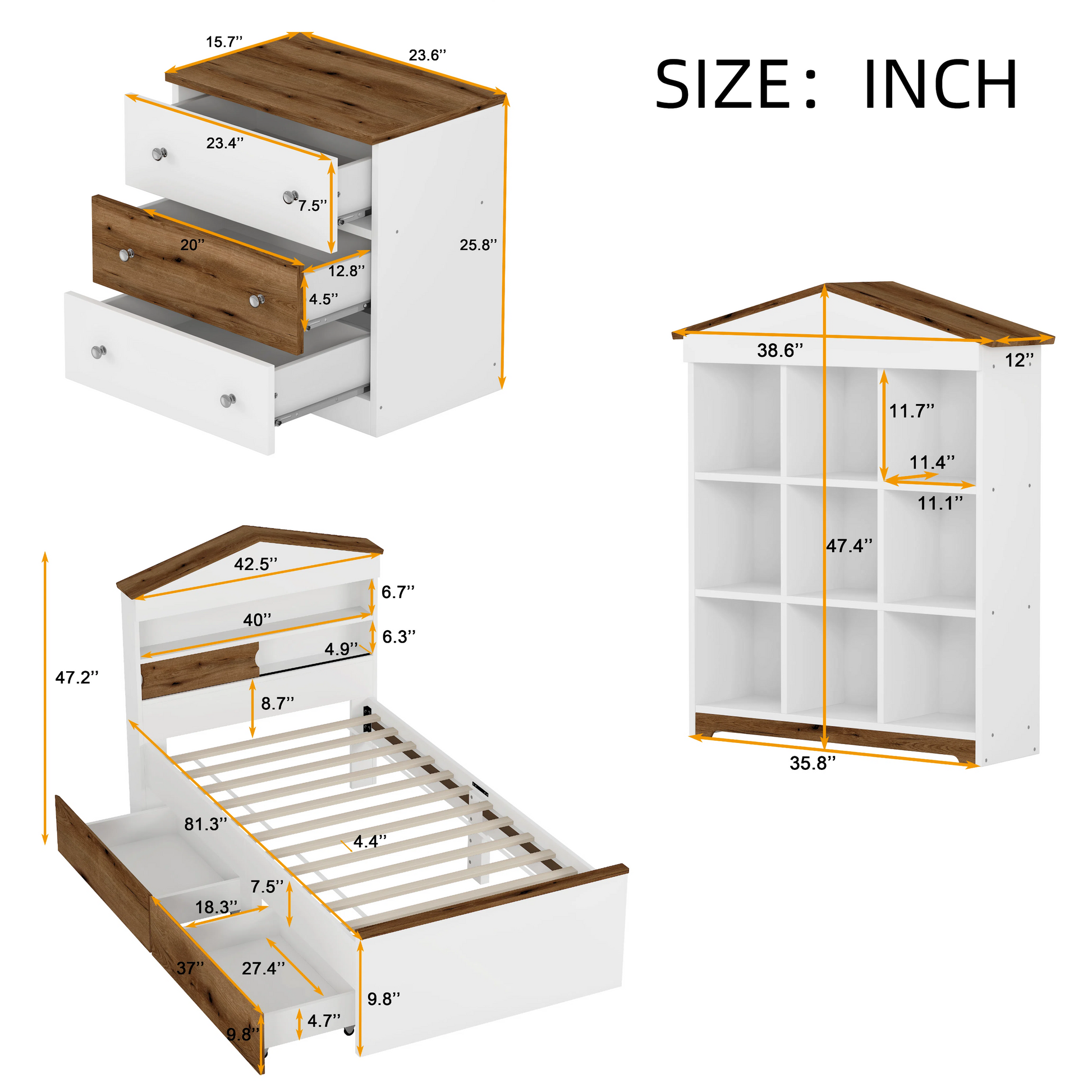 3 Pieces Bedroom Sets, Twin Size House Shaped Wooden Bed With Storage Drawers, Nightstand With Colorblock Design And House Shaped Stroage Rack, Brown White Twin Brown White 3 Piece Set Wood