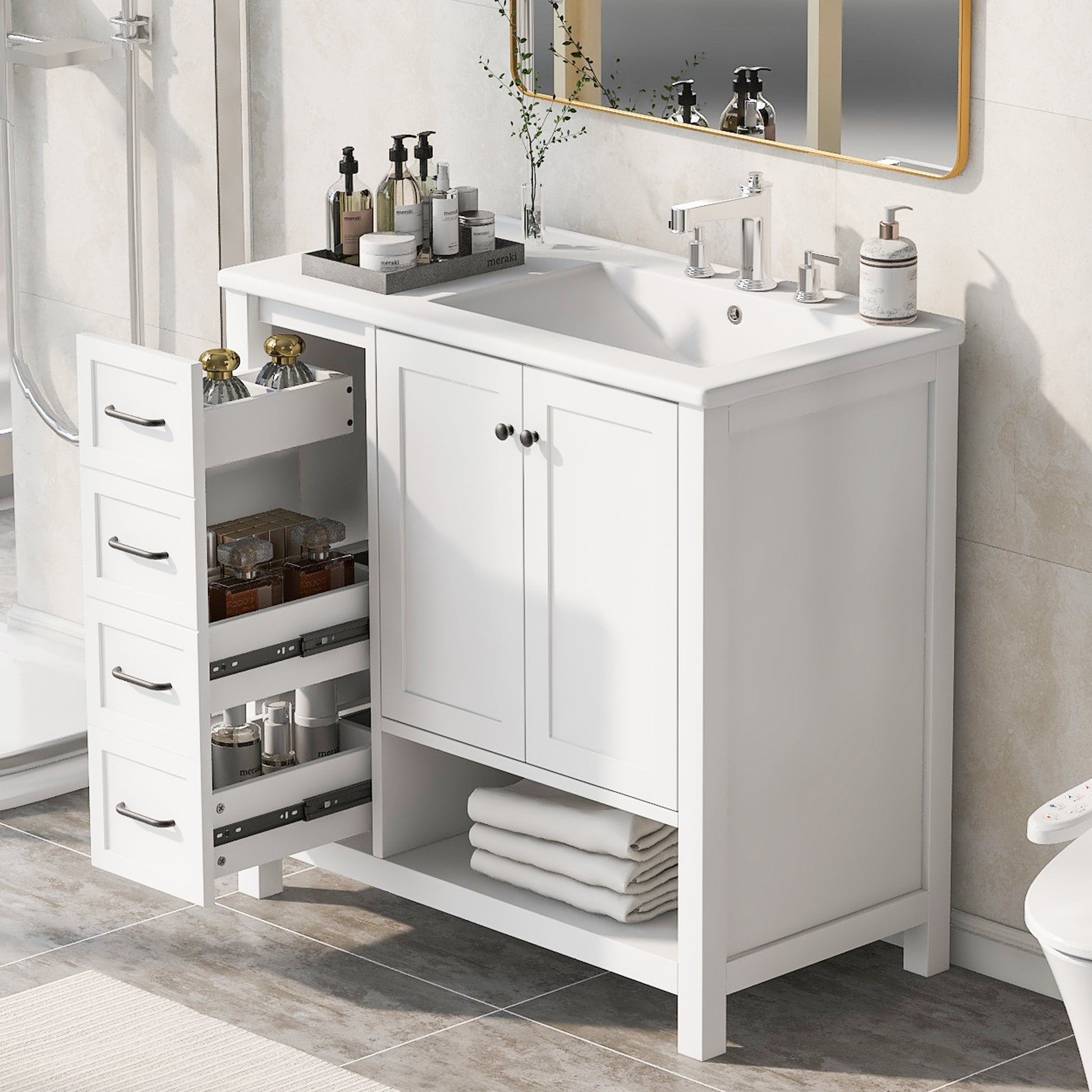 36" Bathroom Vanity With Sink Top, Bathroom Vanity Cabinet With Two Doors And Two Drawers, Solid Wood, Open Shelf, Mdf Boards, One Package, White White Solid Wood Mdf