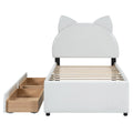 Twin Size Upholstered Platform Bed With Cartoon Ears Shaped Headboard And 2 Drawers, White Box Spring Not Required Twin White Wood Bedroom Bed Frame Faux Leather Upholstered