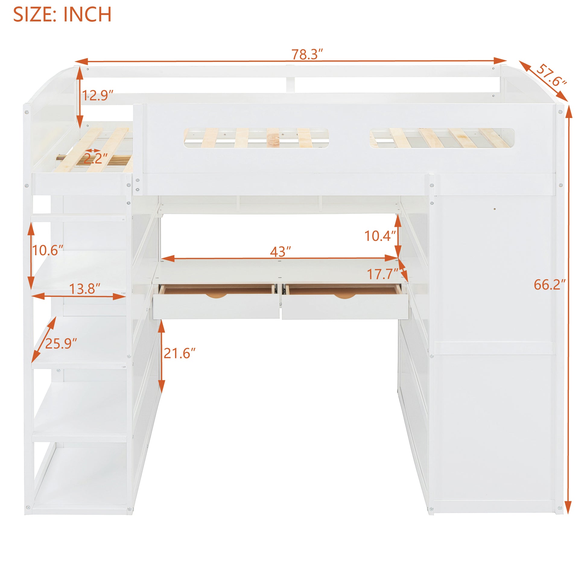 Full Size Loft Bed With Desk, Wardrobes, 4 Drawers And 4 Shelves White Full White Solid Wood