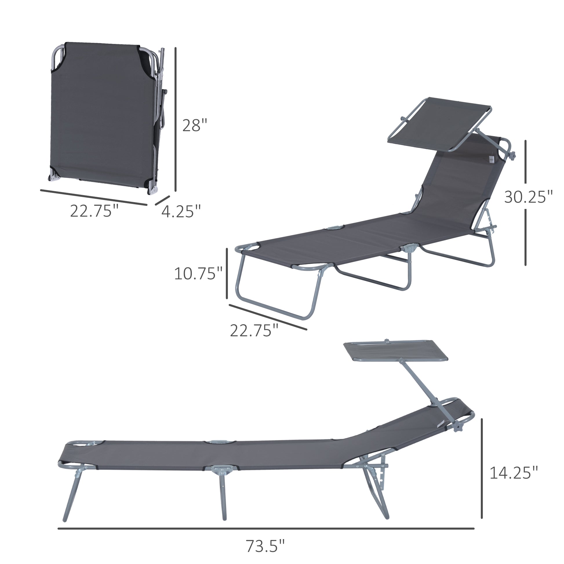 Outsunny Outdoor Lounge Chair, Adjustable Folding Chaise Lounge, Tanning Chair With Sun Shade For Beach, Camping, Hiking, Backyard, Gray Gray Steel
