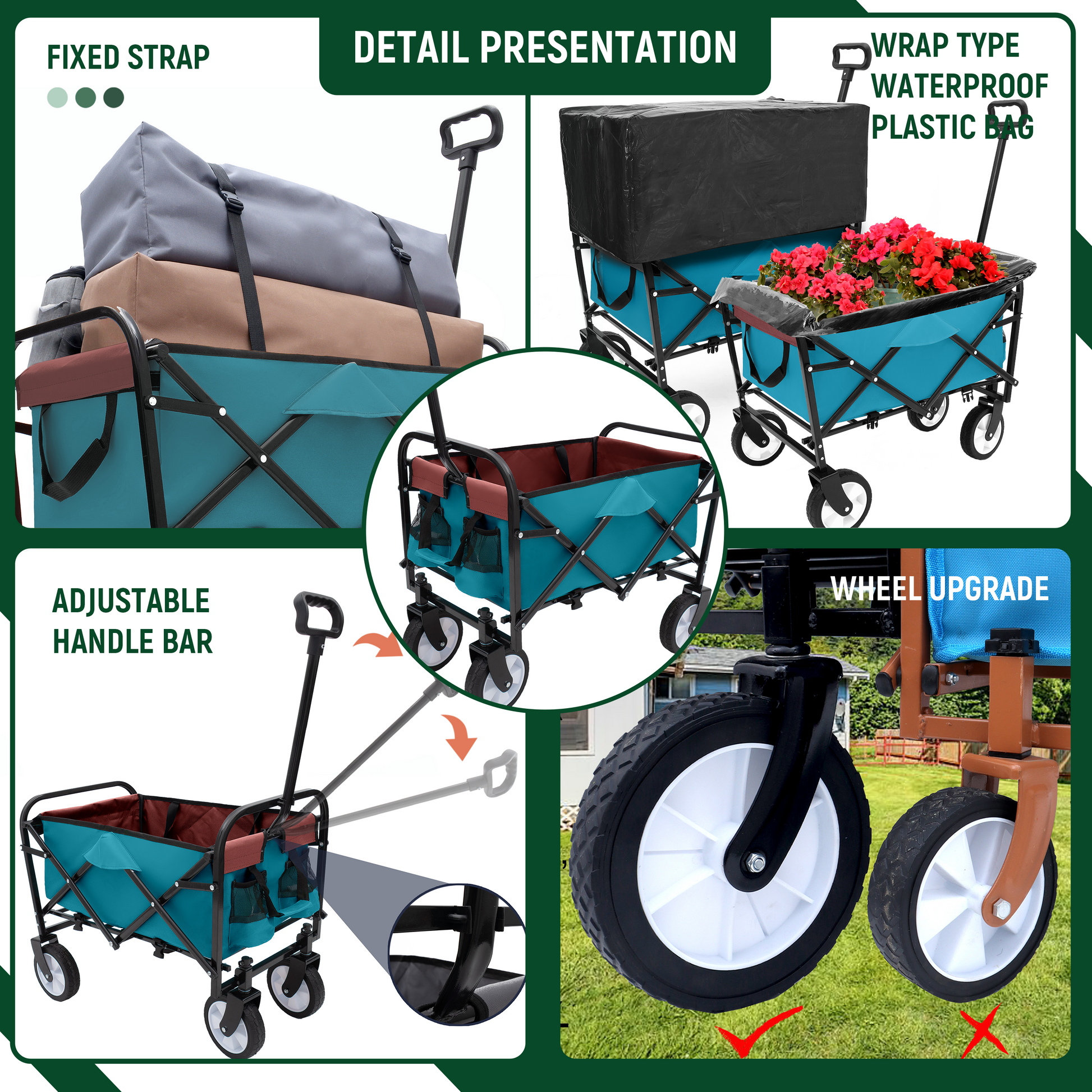 Minimeetall Multi Use Bag,Collapsible Foldable Wagon Cart Beach Wagon Heavy Duty Utility Cart Utility Wagon Grocery Cart For For Camping 3Pcs Plastic Liner Bag Covercyan Cyan Steel