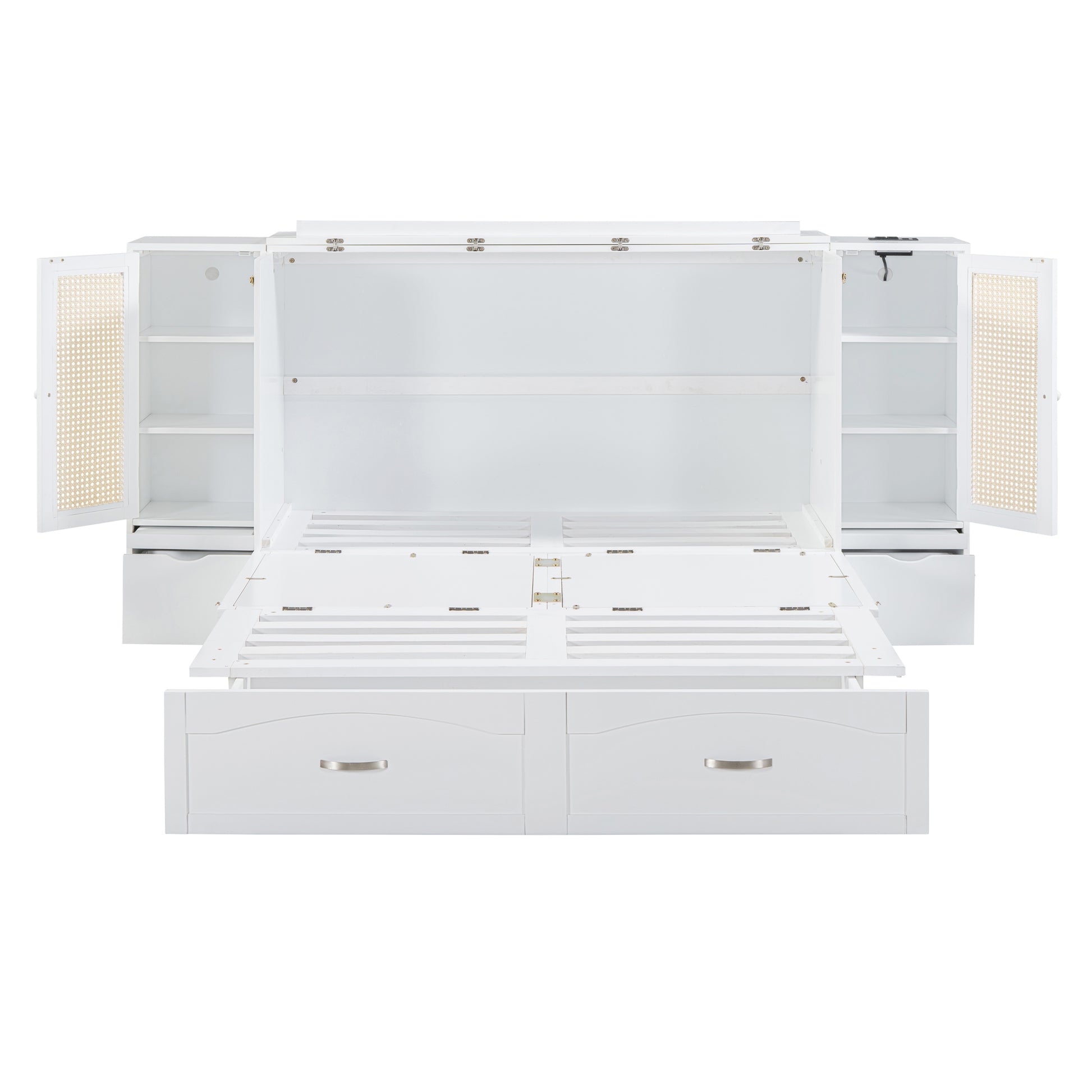 Queen Size Murphy Bed Wall Bed With Drawer And Rattan Decoration With 2 Storage Cabinets, One Set Of Sockets & Usb Ports, Pulley Structure Design, White Queen White Plywood