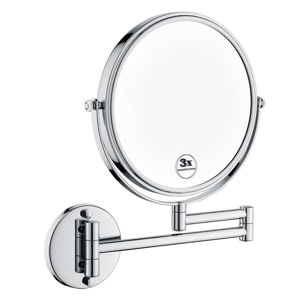 8 Inch Led Wall Mount Two Sided Magnifying Makeup Vanity Mirror 12 Inch Extension Chrome Finish 1X 3X Magnification Plug 360 Degree Rotation Waterproof Button Shaving Mirror Chrome Stainless Steel