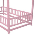 Twin Size Floor Wooden Bed With House Roof Frame, Fence Guardrails,Pink Twin Pink Pine