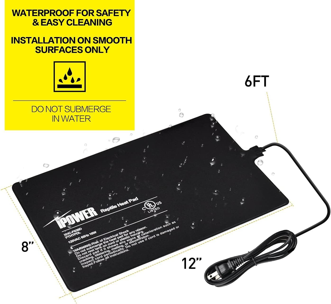 8 By 12 Inch 16W Reptile Heat Mat, Under Tank Warmer Terrarium Heat Pad For Turtles Lizards Frogs And Other Small Animals, Multi Sizes Black Pvc