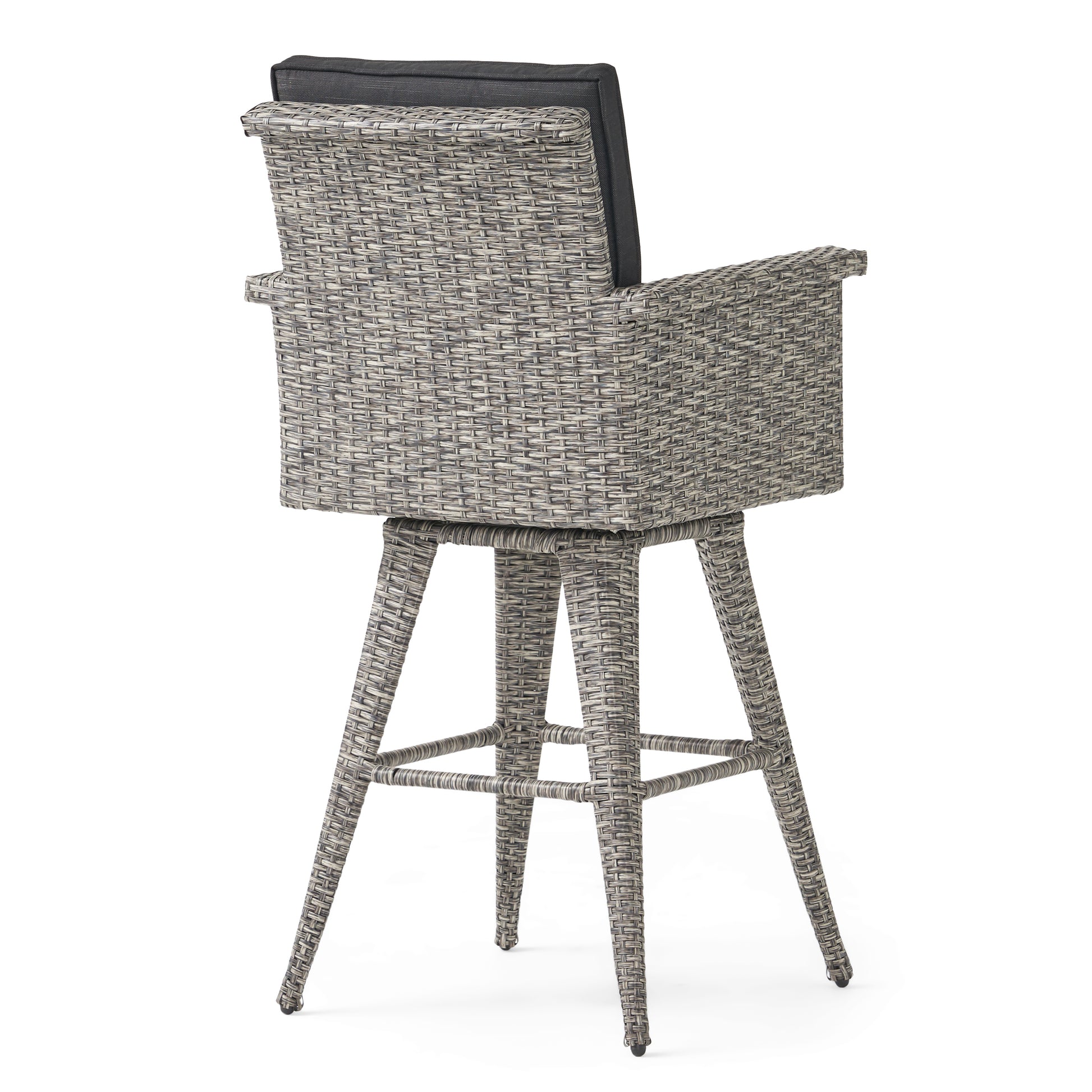 30" Outdoor Wicker Barstool With Water Resistant Cushions 1Pc Black Gray Pe Rattan Iron Waterproof Fabric