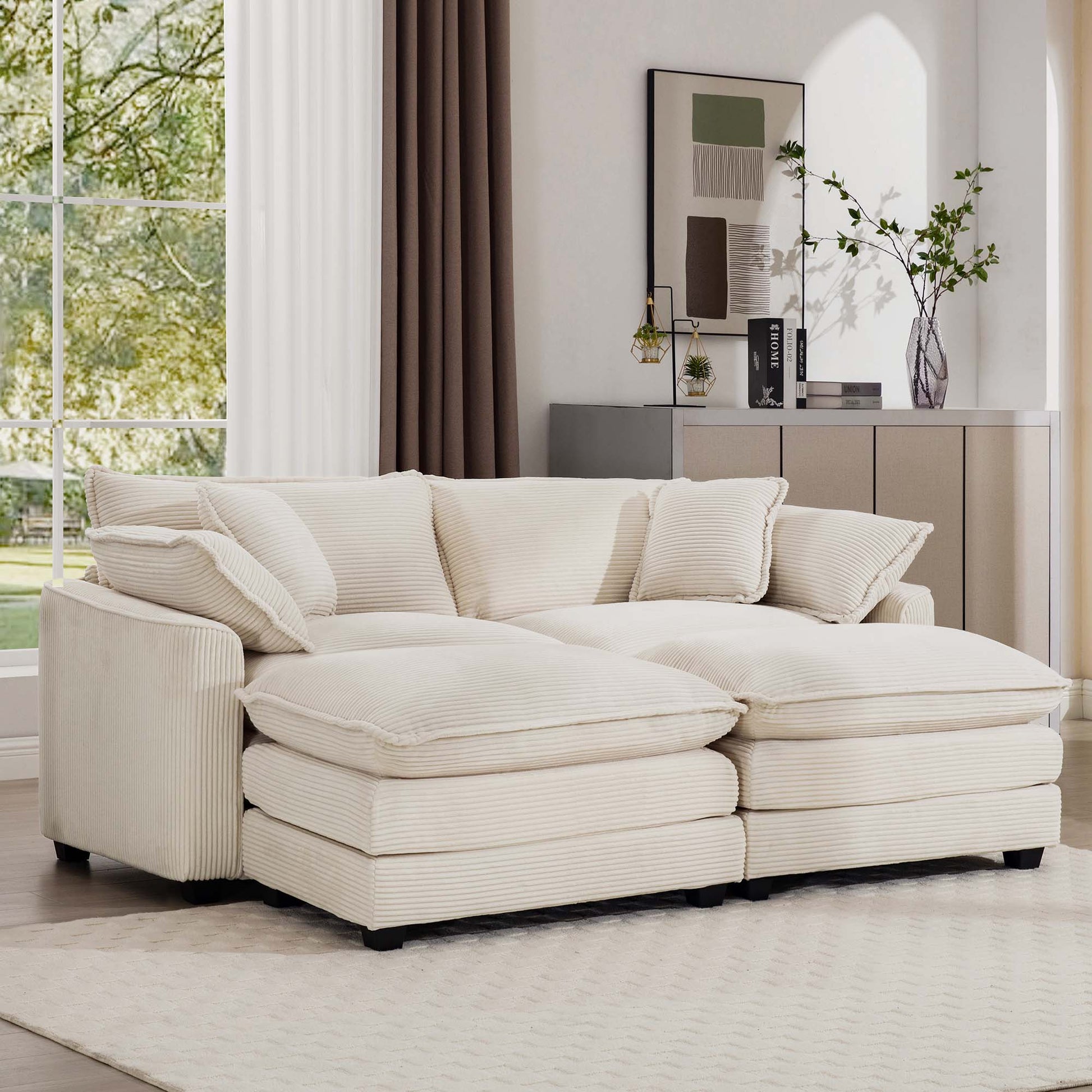 Corduroy Two Seater Sofa With 2 Footrest, 2 Seater Sofa With Ottoman To Work As Sofa Bed For Small Living Spaces, Light Beige Corduroy Sofa Beige Corduroy 2 Seat