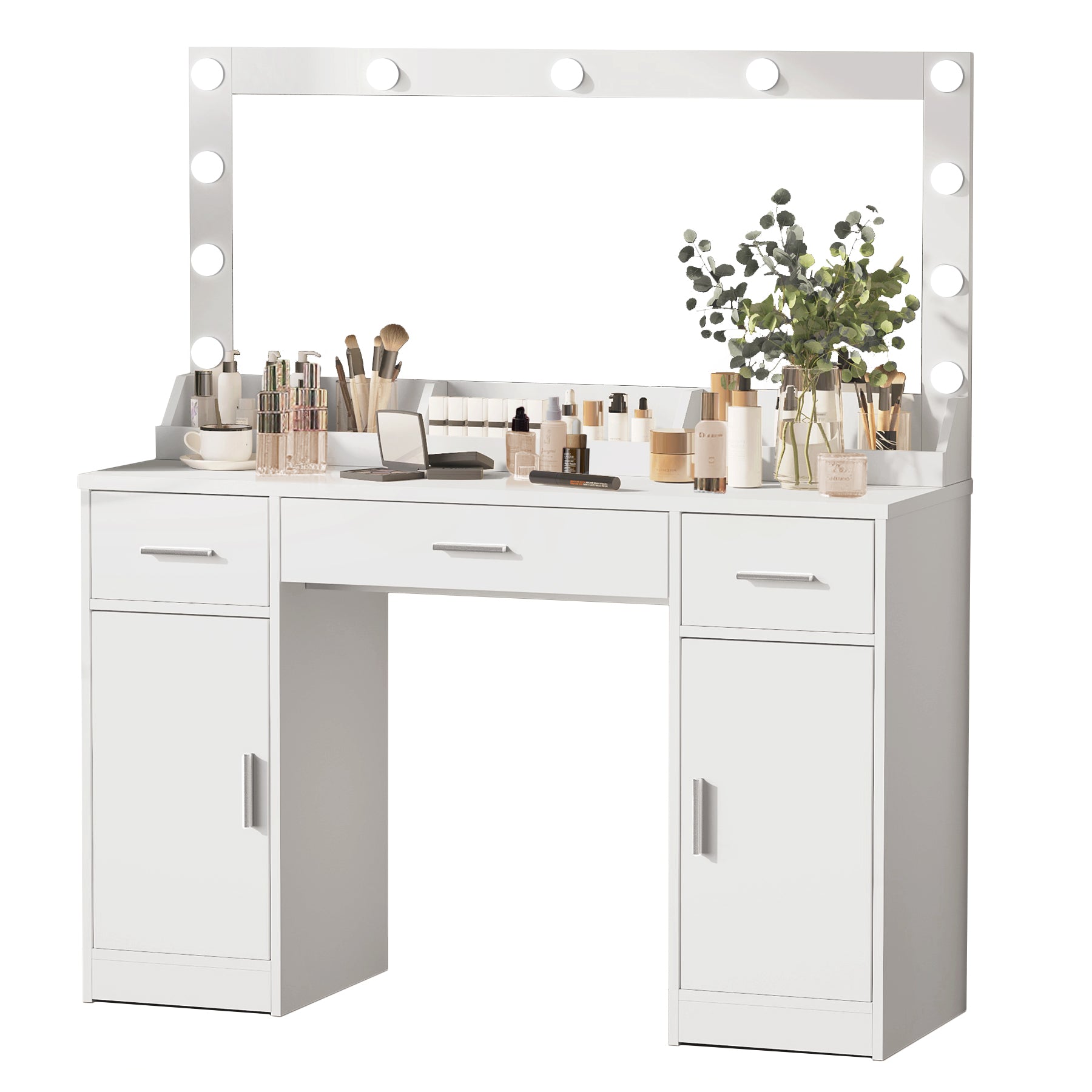 47.2"Vanity Desk With Large Mirror, 3 Colour Lighting Modes, Adjustable Brightness, Dresser With 3 Drawers & 2 Vertical Cabinets, Makeup Vanity Table For Women & Girls White White Particle Board