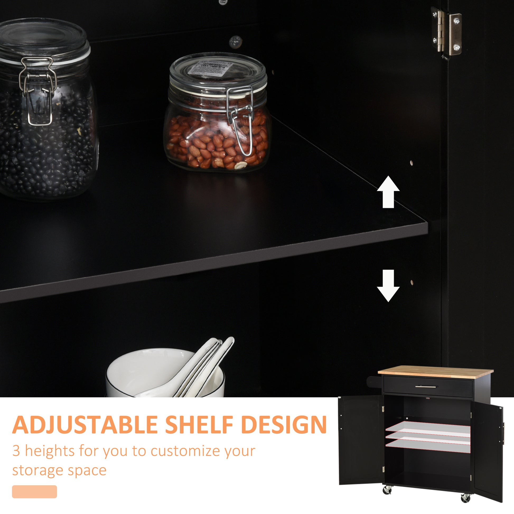 Homcom Kitchen Island Cart Rolling Trolley Cart With Drawer, Storage Cabinet & Towel Rack, Black Black Rubber Wood