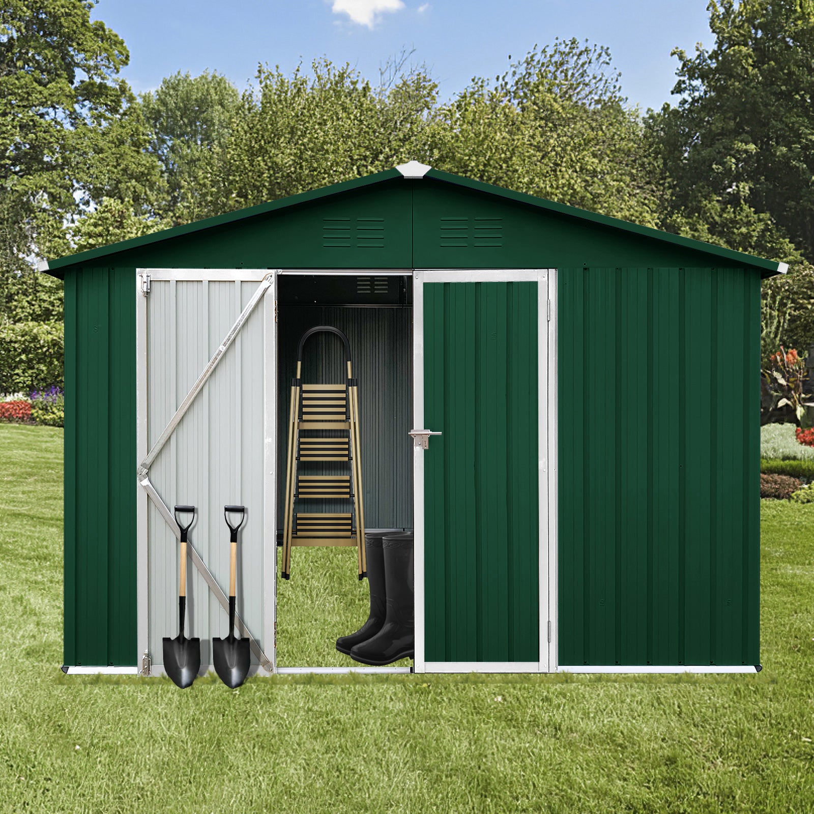 Metal Garden Sheds 10Ftx12Ft Outdoor White Green White Green Metal