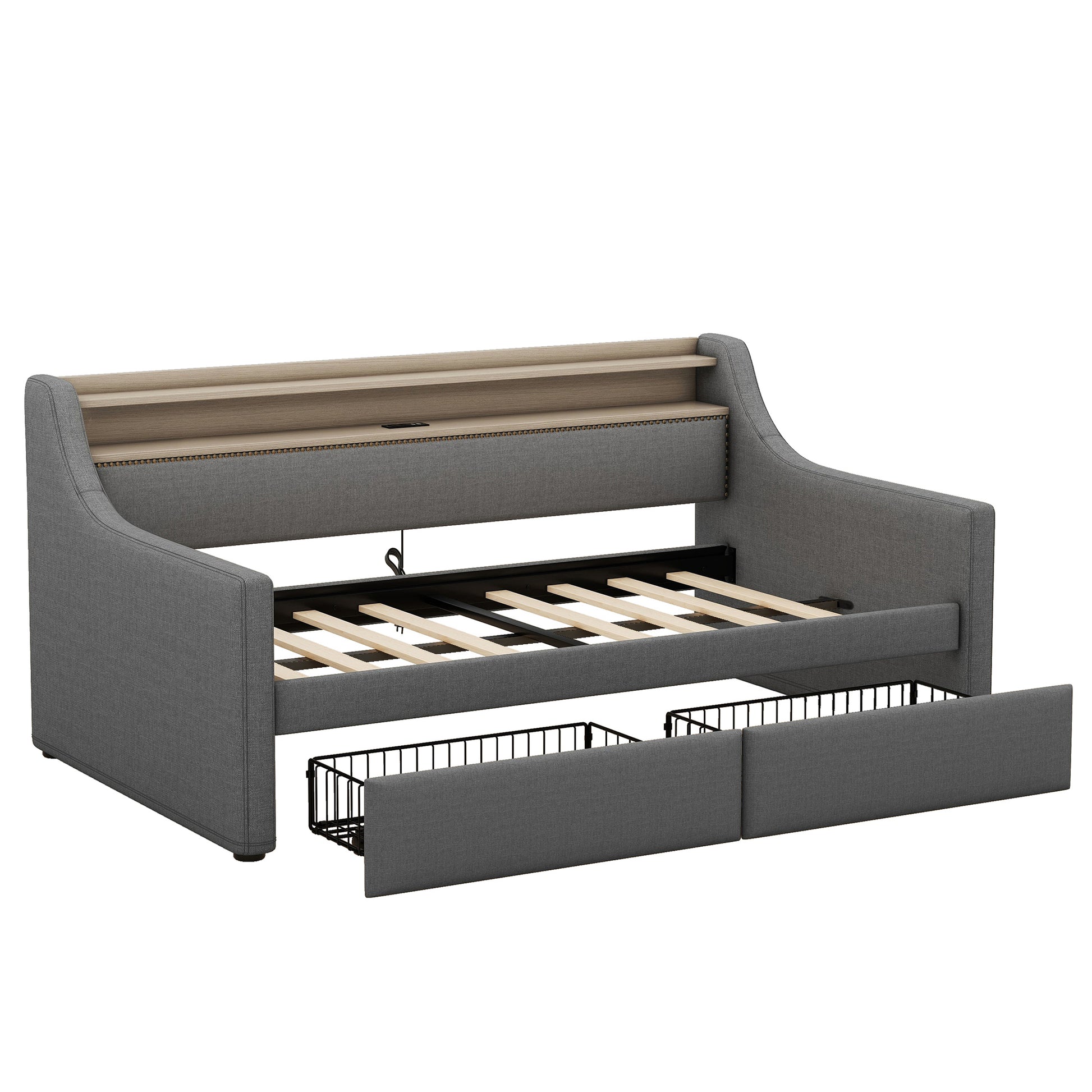 Twin Size Daybed With Storage Drawers, Upholstered Daybed With Charging Station And Led Lights, Gray Old Item W1580S00023 Twin Gray Linen