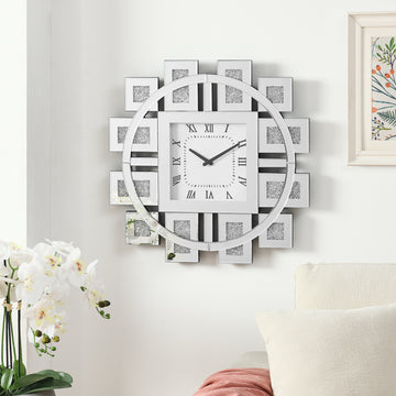 Wall Clock In Mirrored & Faux Gemstones Silver American Design Acrylic Mdf Glass