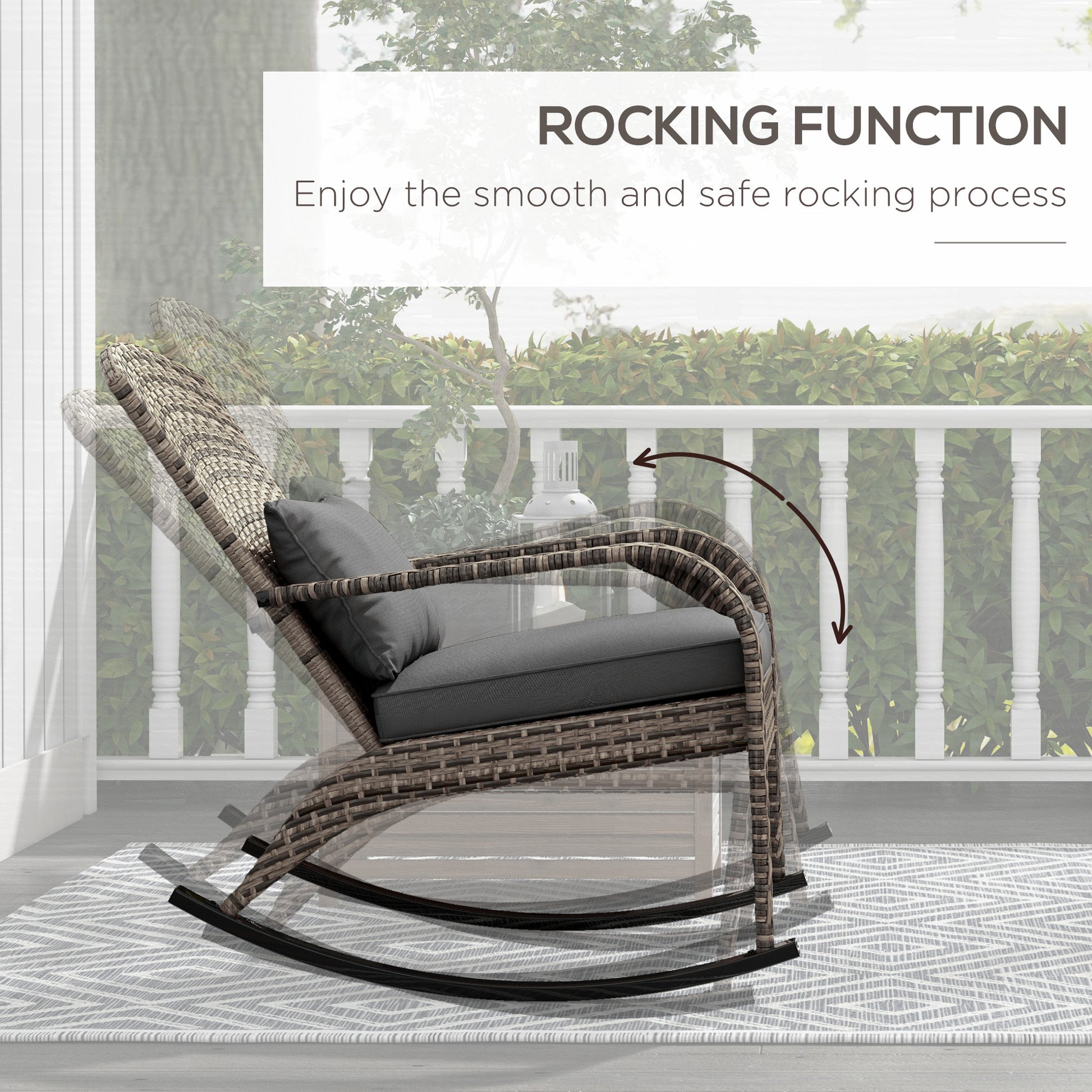 Outsunny Outdoor Wicker Adirondack Rocking Chair, Patio Rattan Rocker Chair With High Back, Seat Cushion, And Pillow For Garden, Porch, Balcony, Gray Gray Rattan